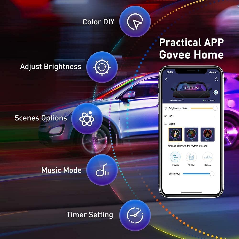 Govee Smart RGBIC Car Interior Lights with APP & Remote Control, 72 LED Strip Lights for Car Decor - DIY Mode, Multiple Scene Options, 2-Line Design - Perfect for Night Driving, Car Parties & Vehicle Customization