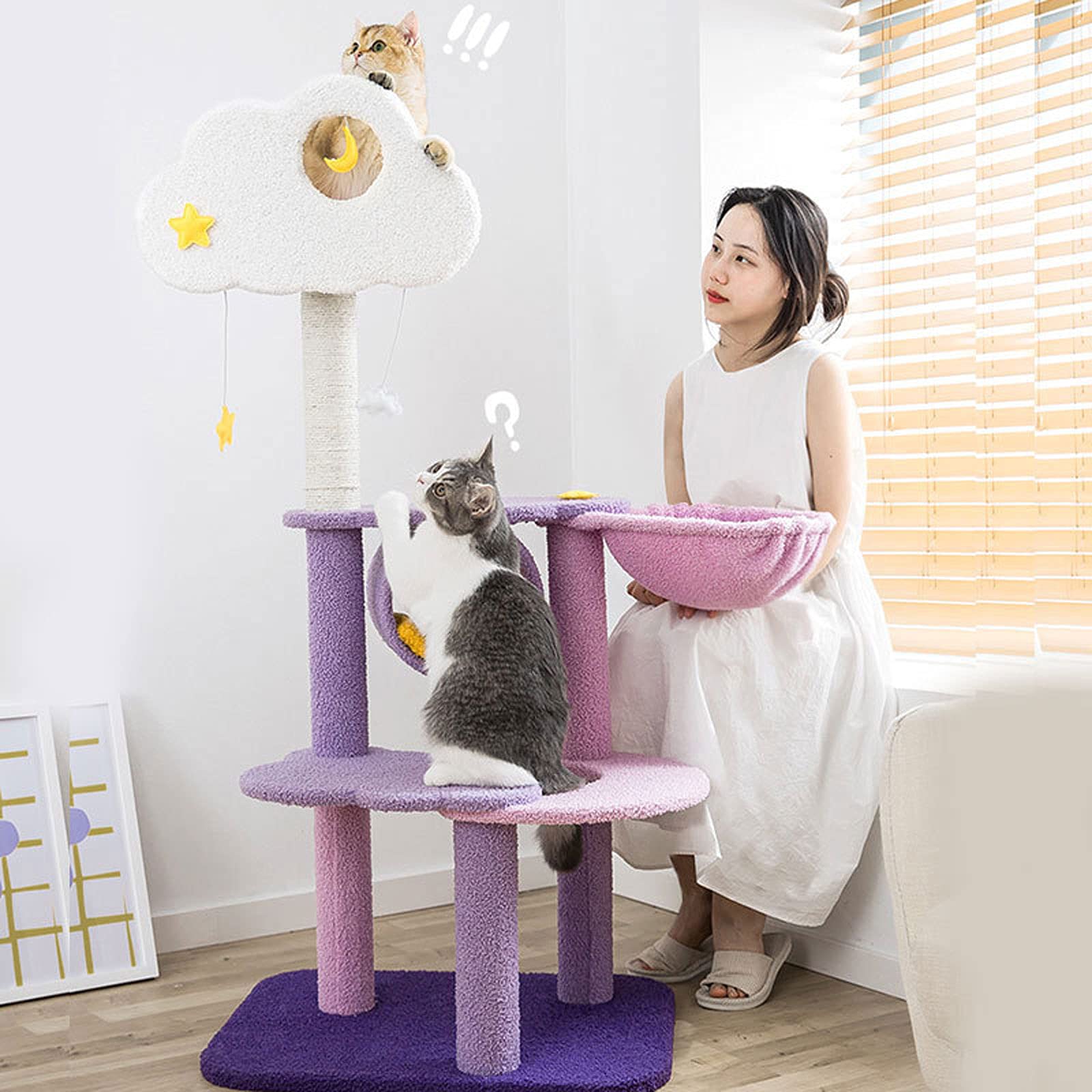 Premium 128Cm Cat Tree Tower with Scratching Post, Condos, Basket & Hammock - Durable Sisal Activity Center for 2 Indoor Cats | Perfect for Play, Rest & Climbing in Small Spaces