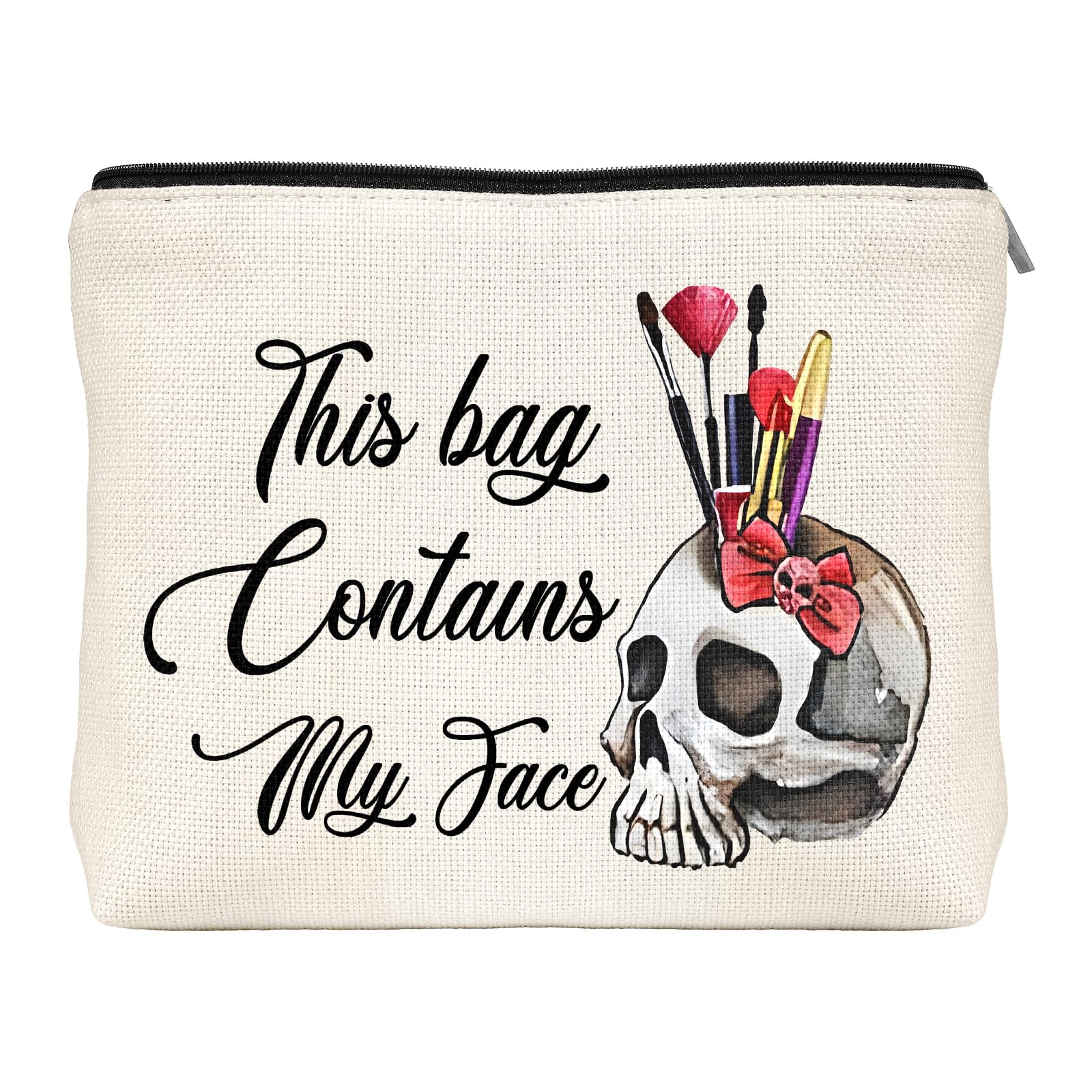 Funny Skull Cosmetic Makeup Bag - Halloween Gifts for Women, Best Friend & Sister Birthday Presents - 'This Bag Contains My Face' Zipper Toiletry Pouch - Perfect for Travel, Parties & Daily Use