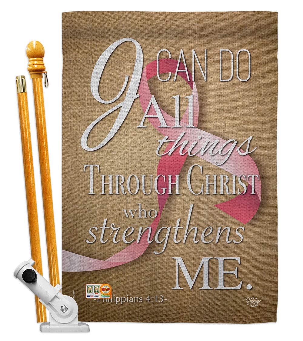 Pink Ribbon House Flag - Inspirational Double-Sided 28x40 Inch Garden Yard Banner for Breast Cancer Awareness, Autism Support & BLM - Perfect Gift for Survivors & Prevention Campaigns (I Can Do All Things Through Christ)