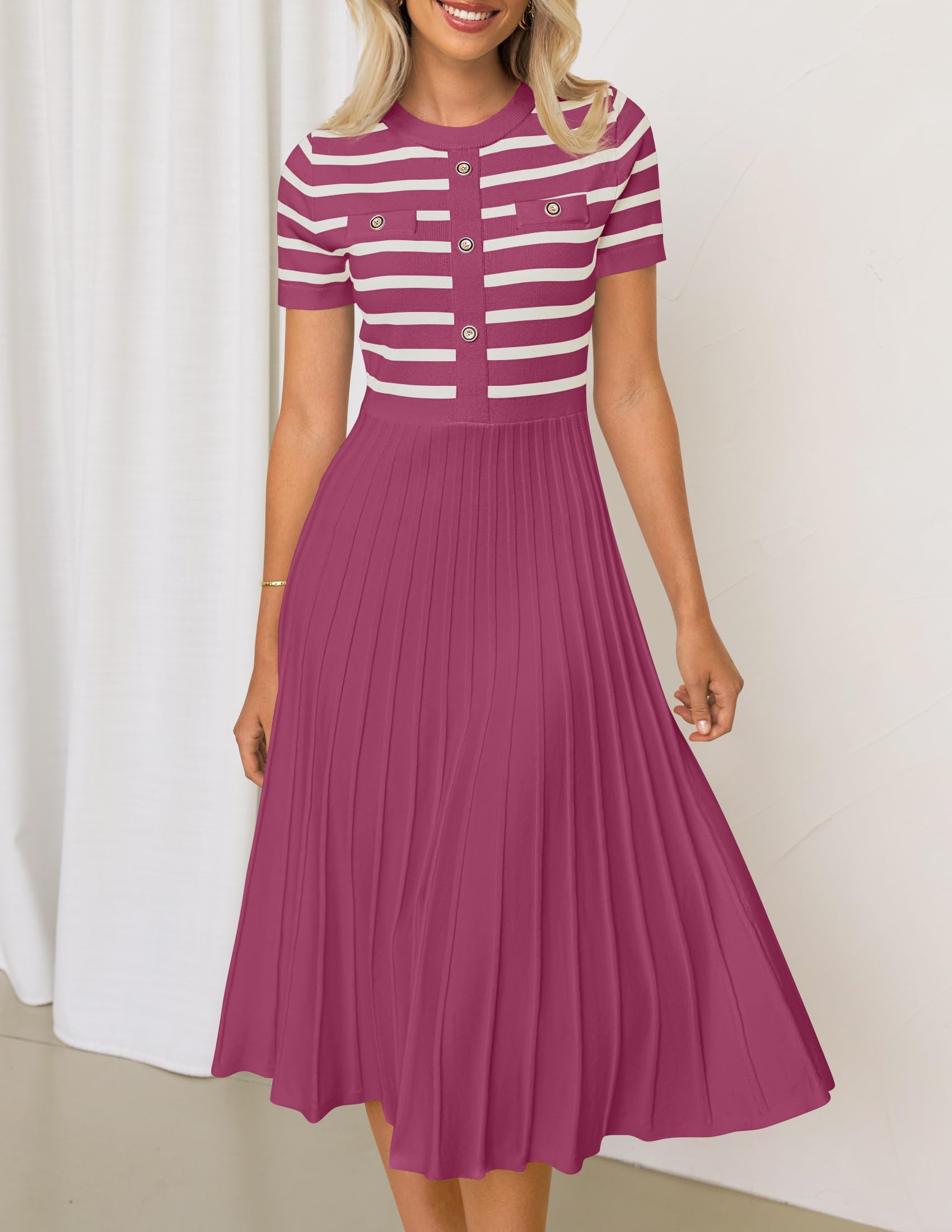 ZESICA Women's 2025 Casual Striped Midi Dress - Crewneck Short Sleeve Button Down Ribbed Knit Swing Pleated A-Line Dress for Spring Summer Office Work Party Vacation