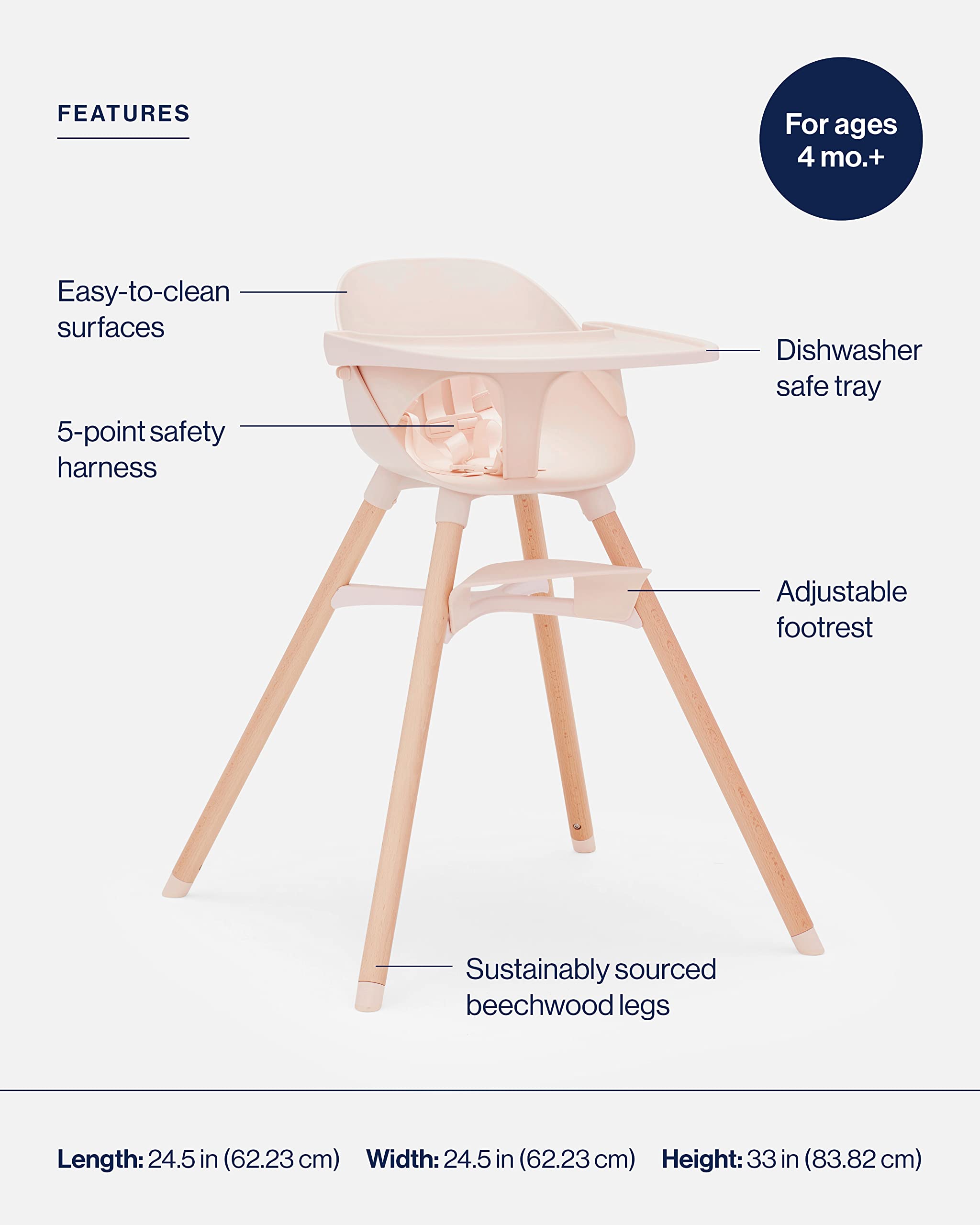 Lalo The Chair 3-in-1 Convertible Wooden High Chair for Babies & Toddlers | Adjustable Footrest, Dishwasher Safe Tray | Grapefruit Color | Perfect for Dining, Weaning & Playtime Activities