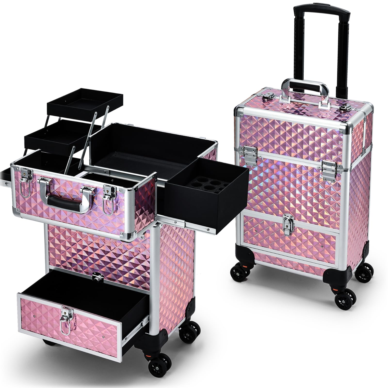 Professional Rolling Makeup Case with Sliding Drawers - Portable Cosmetic Trolley for Estheticians, Mobile Stylists & Manicurists - Glitter Pink Travel Beauty Organizer for Salon, Home & On-the-Go Use