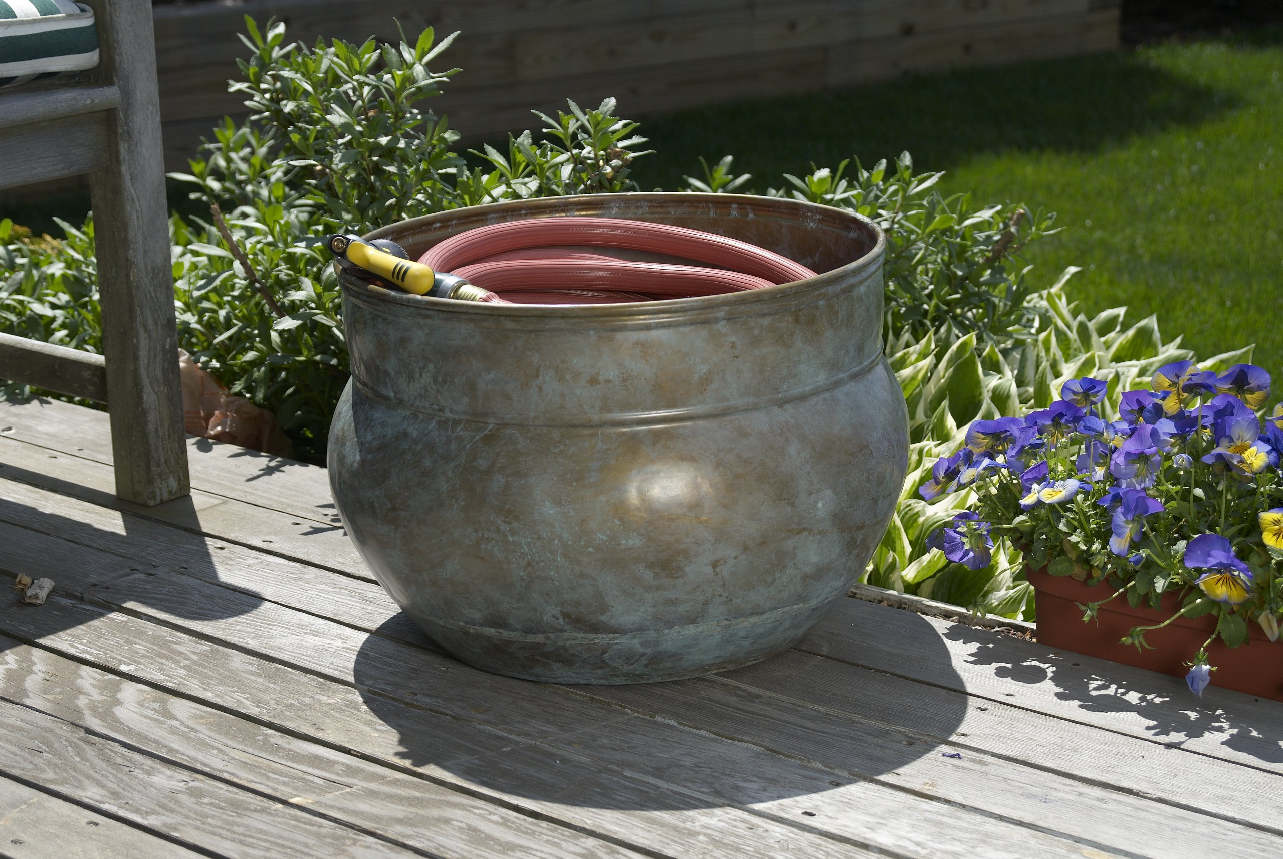 Good Directions Sonoma Hose Pot - Blue Verde Brass Outdoor Garden Decor for Watering Hoses & Yard Organization