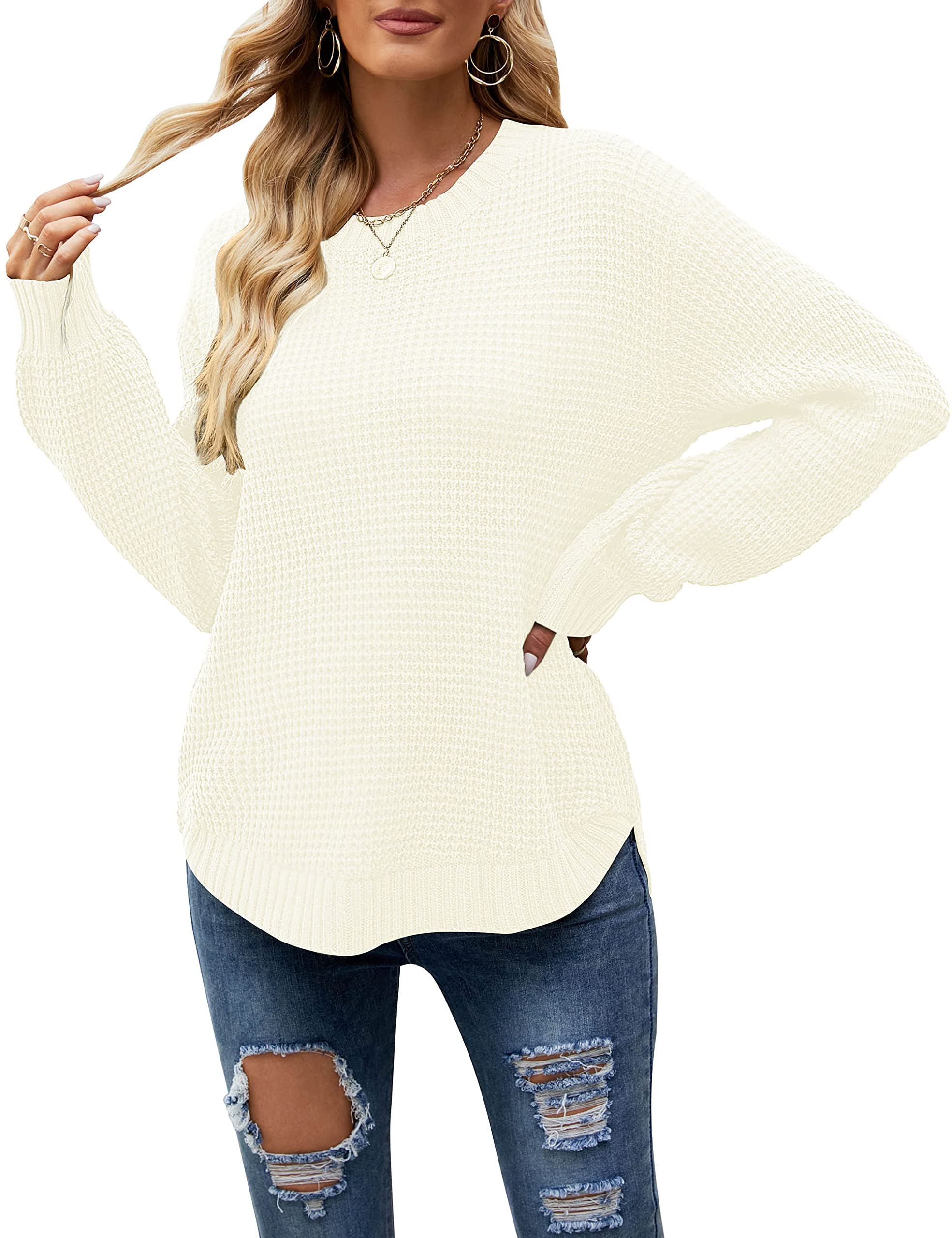 MEROKEETY Women's 2024 Fall Casual Waffle Knit Sweater - Long Balloon Sleeve Loose Pullover Jumper - Cozy Autumn Outfit for Work, Date Night & Weekend Getaways