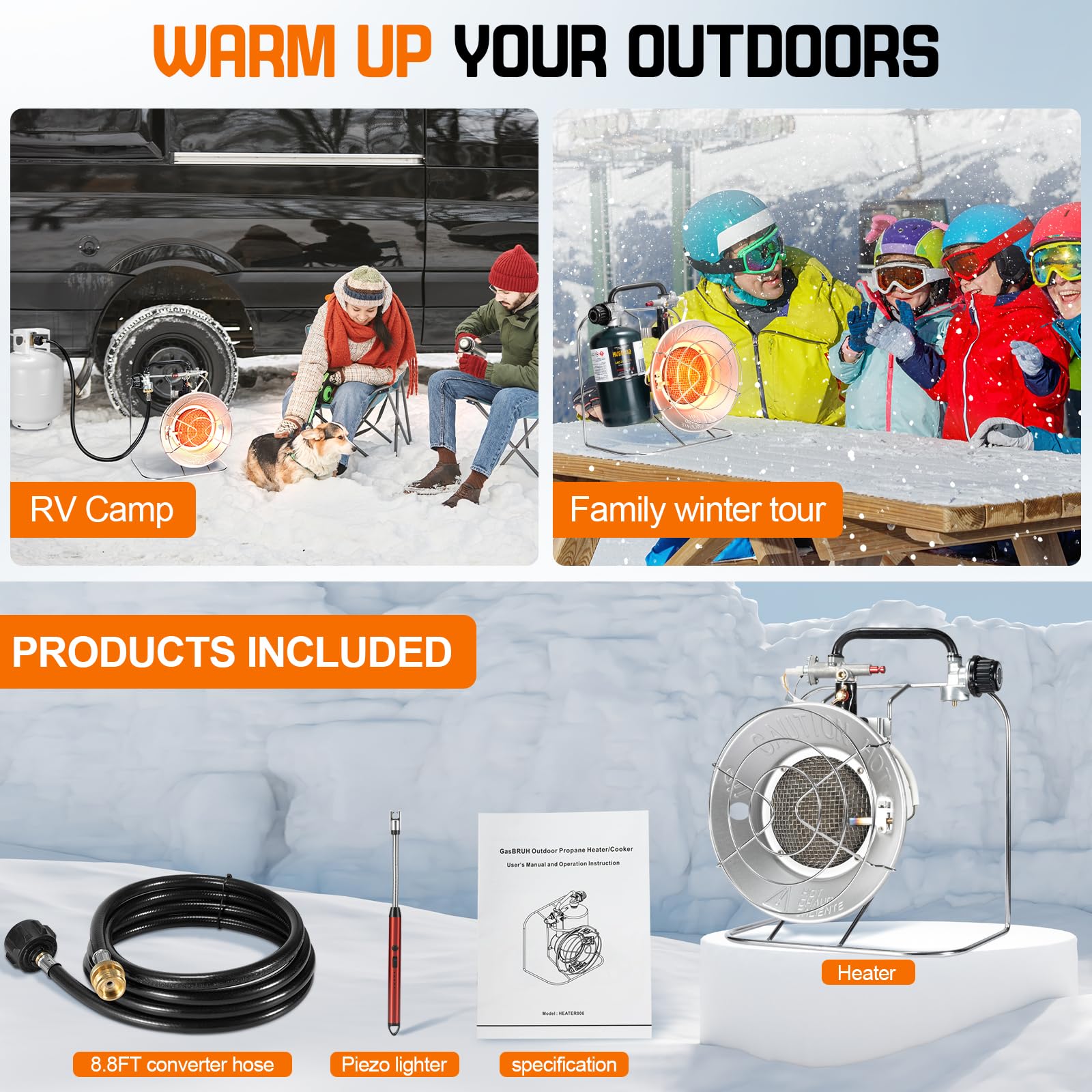 Portable 18,000 BTU Outdoor Propane Heater and Cooker with 8.8 FT Hose & USB Lighter - Perfect for Camping, Hunting, Fishing, RV Trips, Patio and Tent Heating (Fuel Not Included)