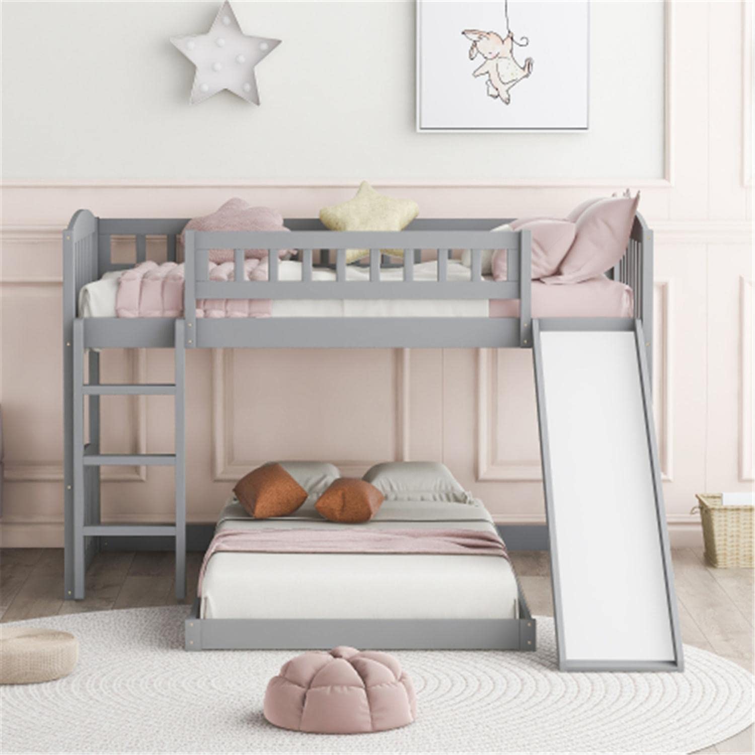 Gray Twin Over Twin Bunk Bed Frame with Slide & Ladder - Sturdy Safety Guardrail for Kids & Teens - No Box Spring Needed - Perfect for Small Bedrooms, Shared Kids' Rooms & Vacation Homes