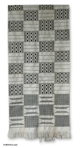 NOVICA Handmade Cotton Kente Cloth Scarf - Authentic Ghanaian Rayon Shawl with Black & White Traditional Pattern, Perfect for Cultural Events, Weddings & Fashion Accessories