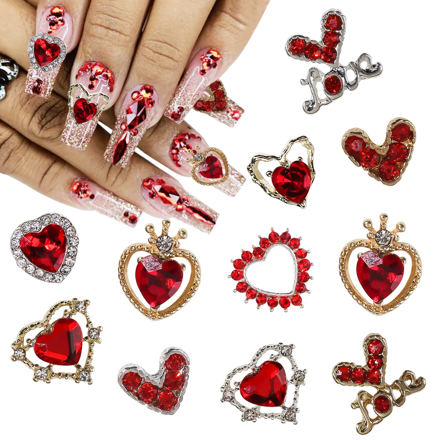 22Pcs Valentine's Day Nail Charms - Gold & Silver Heart Shaped Nail Art Gems, Rhinestones for Acrylic Nails - Perfect for Valentine's Day, Bridal, Party & Special Occasion Nail Decorations