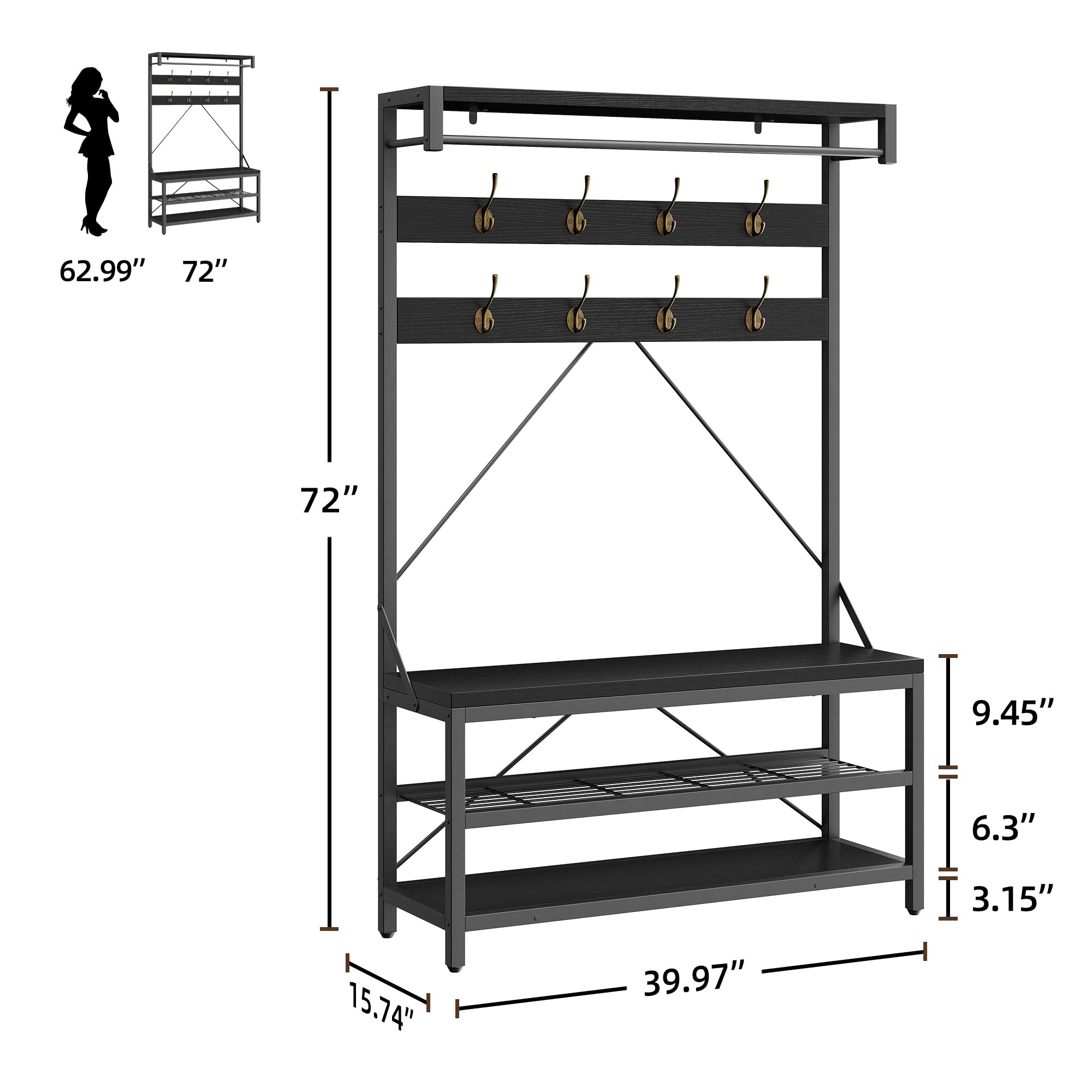 IDEALHOUSE Industrial Coat Rack Shoe Bench with Storage Shelf & 8 Hooks - 39.9