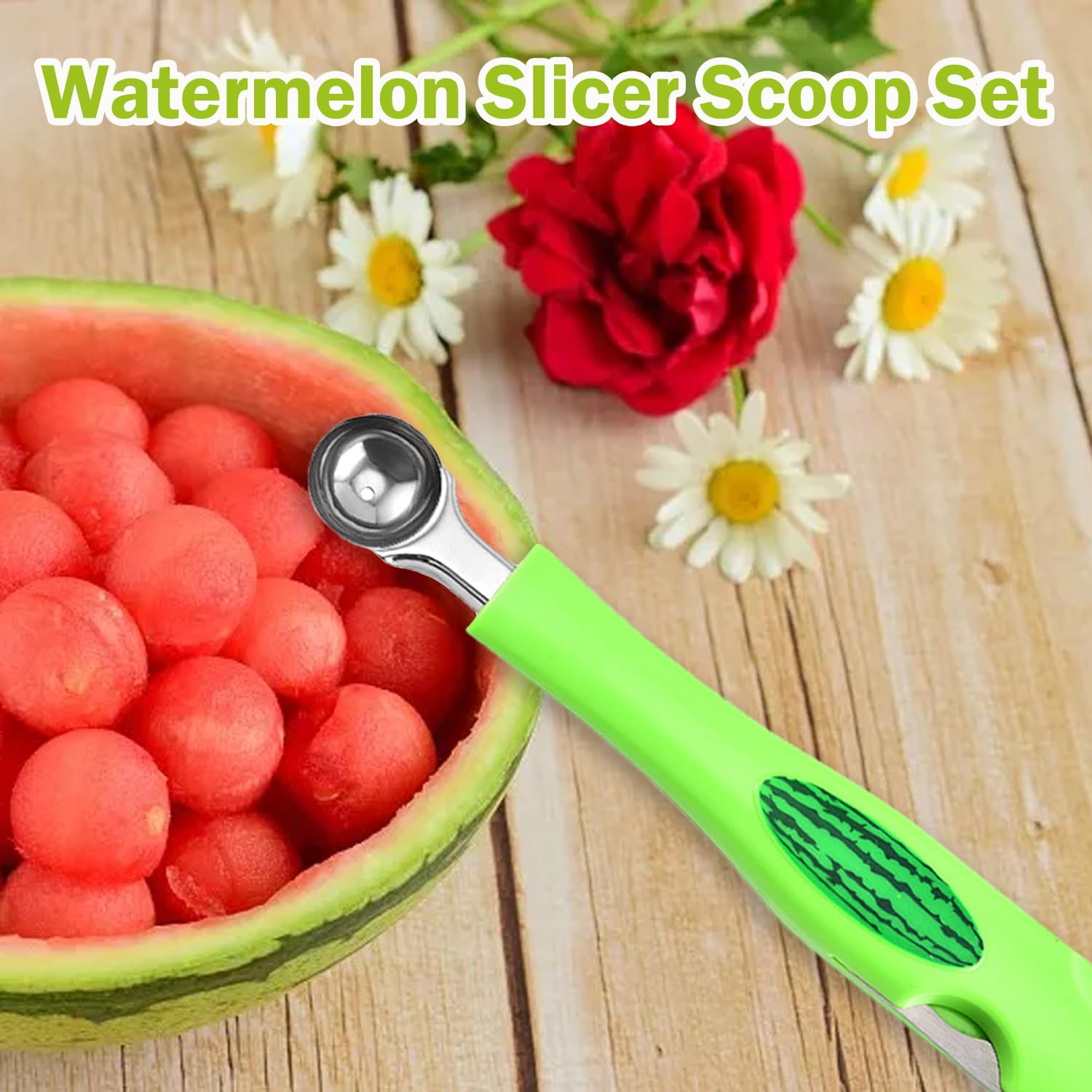 JAYVAR Watermelon Slicer Cutter Knife with Melon Baller Scoop Set - 3-in-1 Fruit Cutting Tool for Watermelons, Cantaloupes & Honeydews | Perfect for Fruit Salads, Ice Cream Toppings & Summer Parties