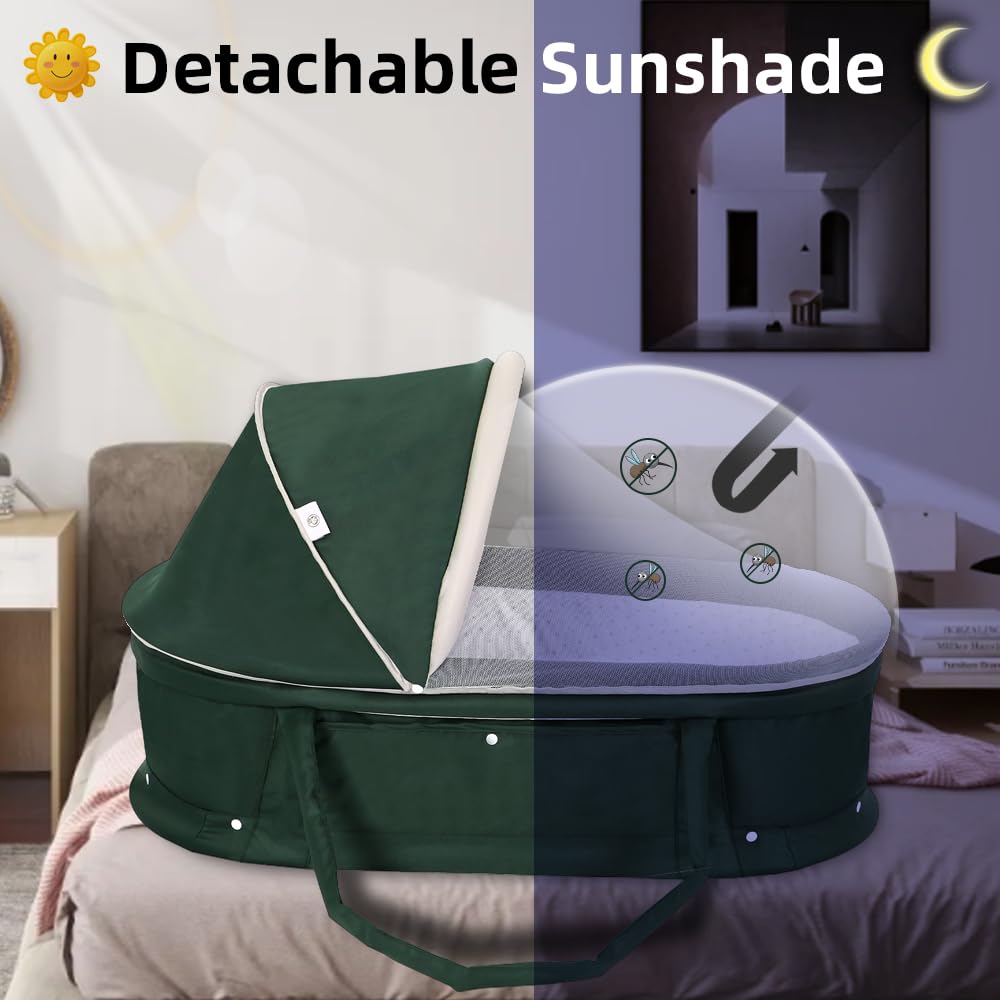2-in-1 Portable Baby Travel Bassinet with Sunshade Cover - Foldable Newborn Sleeper Bed, Washable Dark Green Bassinet for Airplane & Car Travel | Perfect for Nursery, Camping & Family Trips