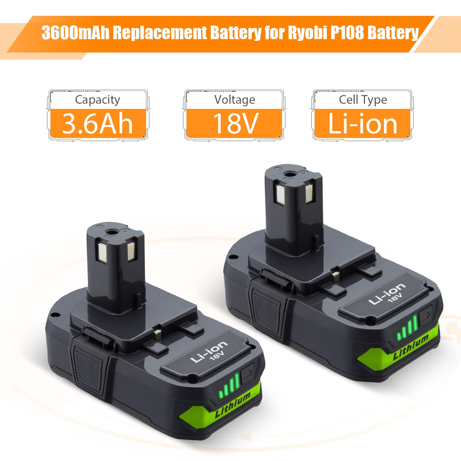 2 Pack 3600mAh P108 Replacement Battery for Ryobi Power Tools - Compatible with Ryobi P108 Cordless Drills, Saws & More - Perfect for DIY Projects, Home Repairs & Professional Use