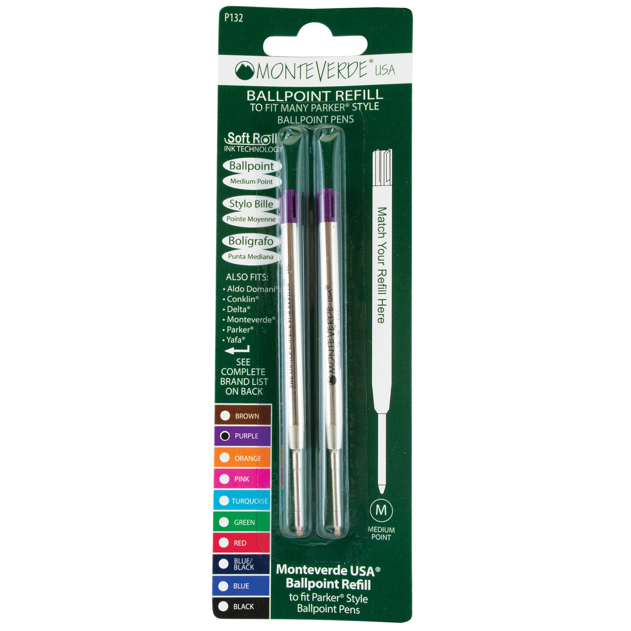 Monteverde Soft Ballpoint Refill - Medium Point Purple Ink - Compatible with Parker Pens - Smooth Writing for Office, School & Everyday Use