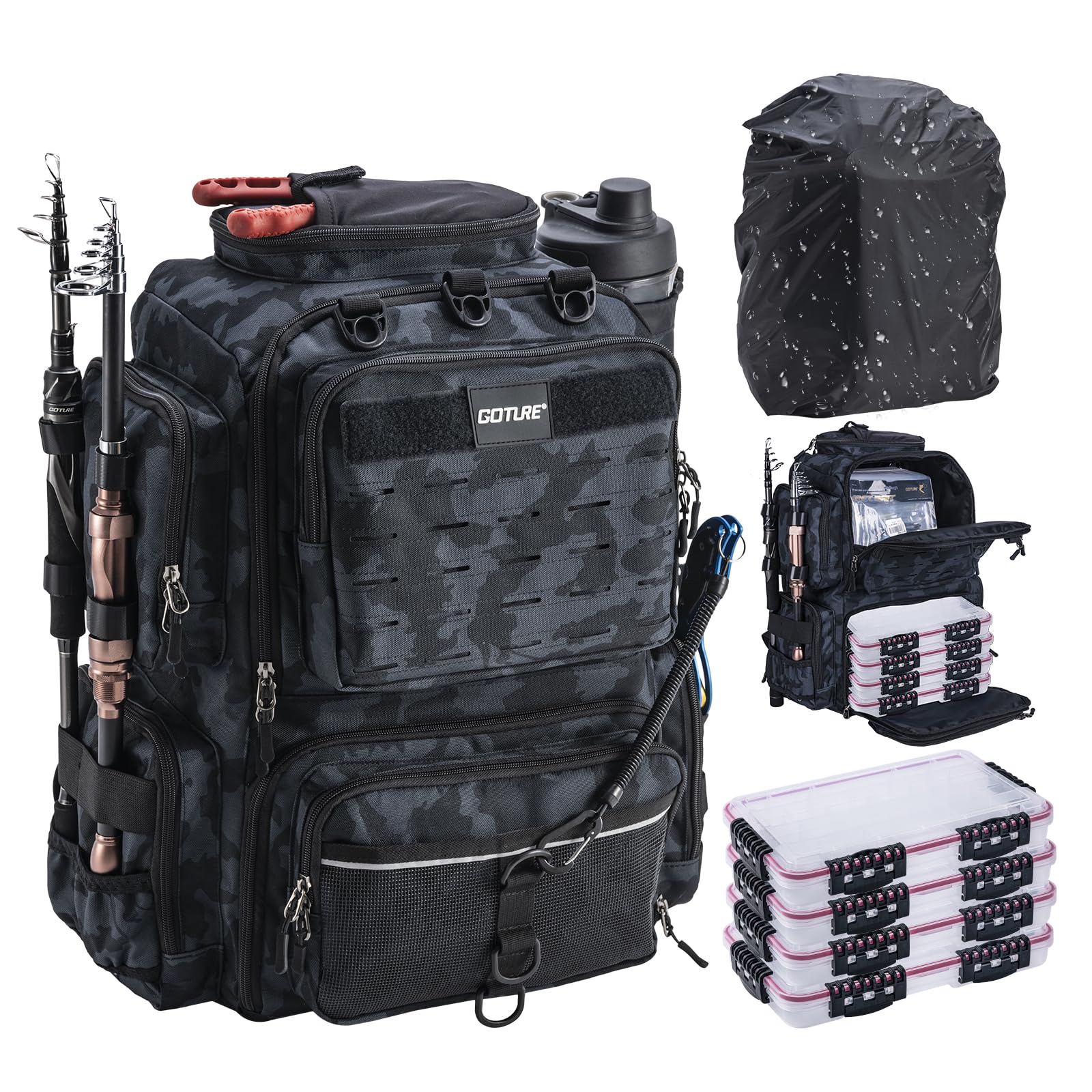 Goture 45L 600D Fishing Backpack with 4 Tackle Boxes & Rod Holders - Large Waterproof Fishing Gear Storage Bag with 8 Lure Pockets & Rain Cover - Perfect for Camping, Hiking, Bass Fishing & Outdoor Adventures