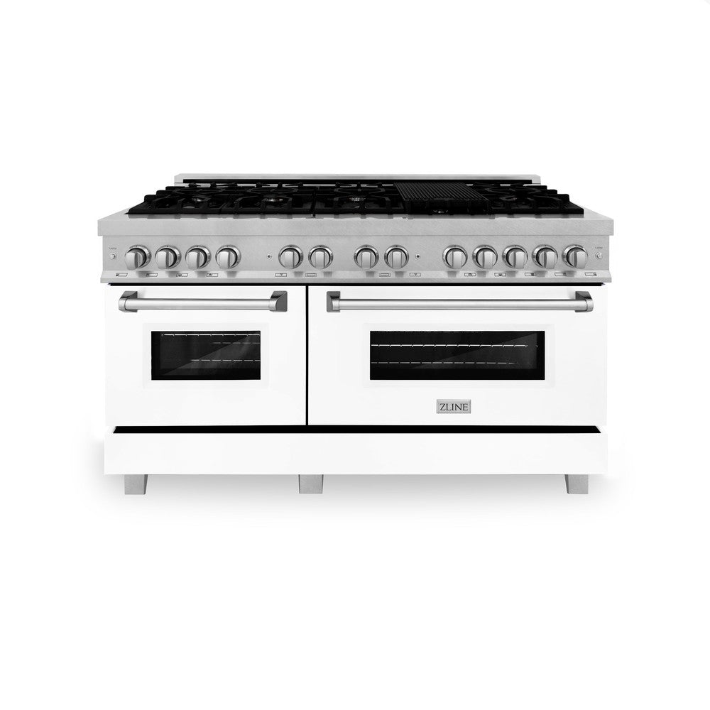 ZLINE 60-inch 7.4 cu.ft Dual Fuel Range with 9-Burner Gas Cooktop & 2 Electric Convection Ovens - Satin Stainless Steel with White Matte Doors (RAS-WM-60) | Professional Kitchen Appliance for Home Chefs & Cooking Enthusiasts