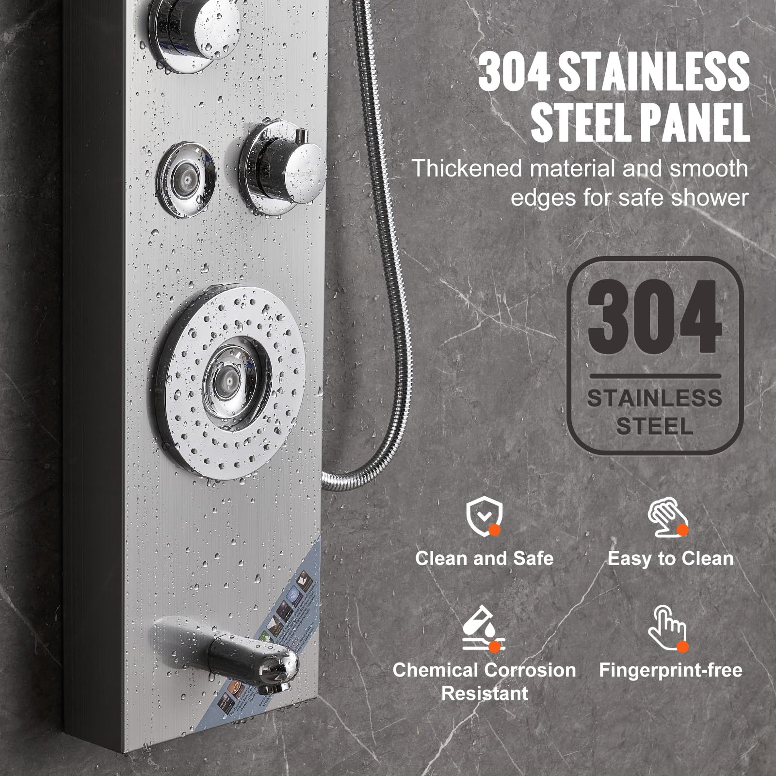 VEVOR Stainless Steel Shower Panel System with 6 Shower Modes - LED Rainfall Shower Tower, Waterfall & 4 Body Massage Jets, Wall-Mounted Shower Set with Tub Spout & 59