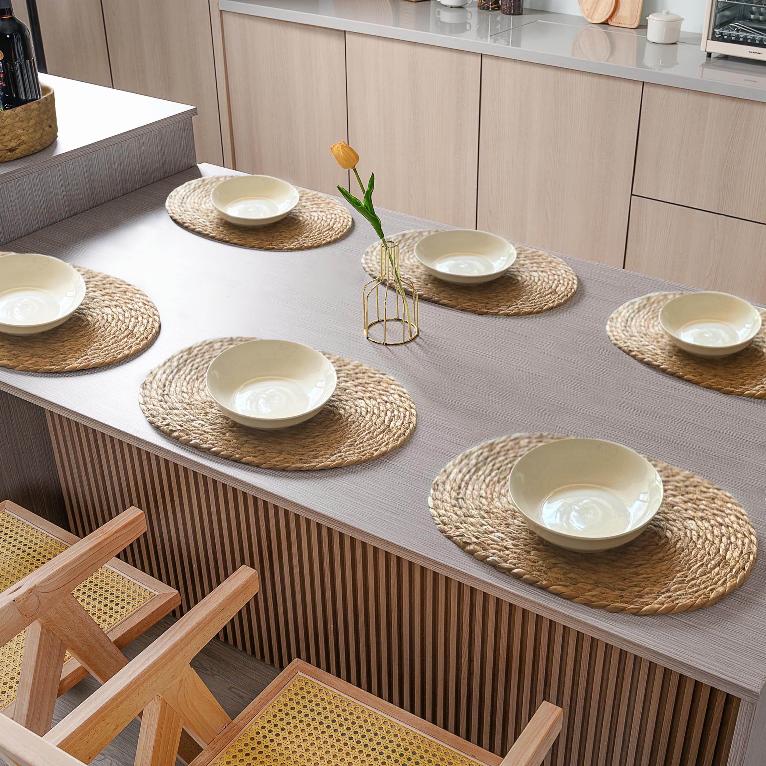 6-Piece Cattail Woven Oval Placemats Set with Storage Basket - Natural Wicker Water Hyacinth Table Mats for Hot Dishes - 16x12 Inch Holiday Dining Decor for Thanksgiving, Christmas & Family Gatherings