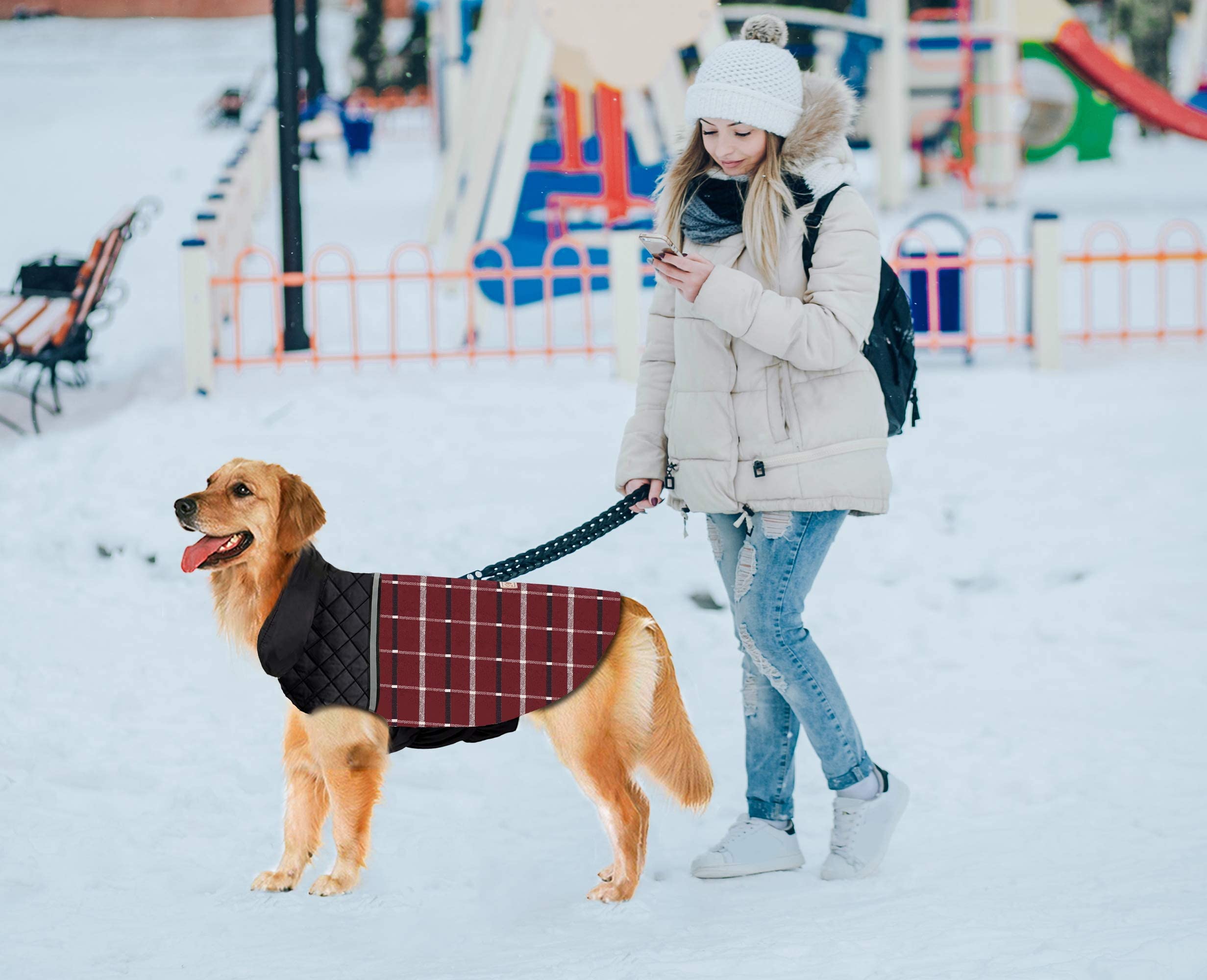 Waterproof Reversible Plaid Dog Jacket for Winter - Warm & Cozy Dog Vest for Small, Medium & Large Dogs (Red, Size M) - Perfect for Cold Weather Walks, Outdoor Adventures & Pet Fashion