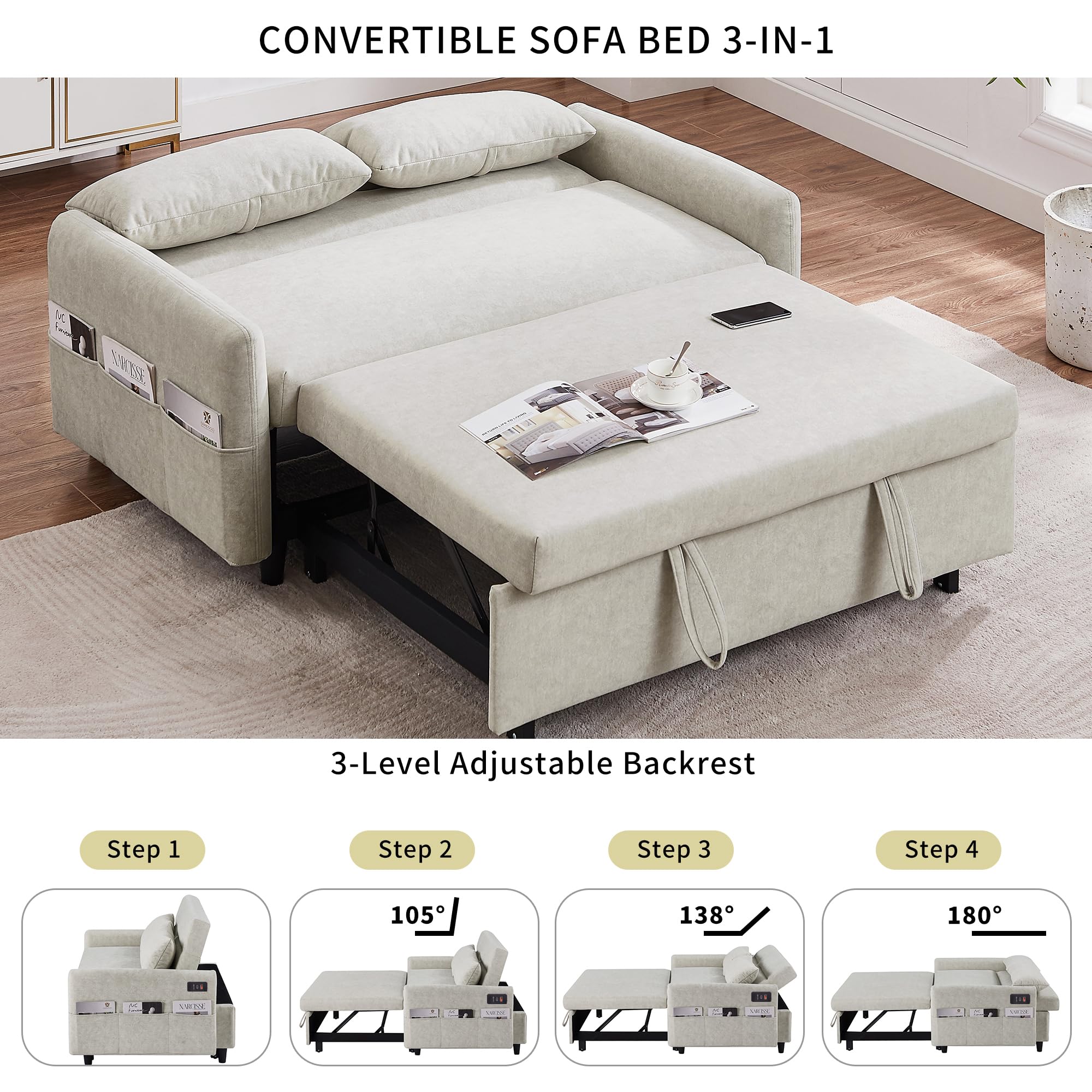 P PURLOVE Convertible Sleeper Sofa Bed with Adjustable Backrest & Storage Pockets - 2-in-1 Loveseat Couch with Pillows - Space Saving Furniture for Small Apartments, Office, Living Room & Guest Room (Beige) | Perfect for Studio Living, Overnight Guests & Multi-Functional Spaces