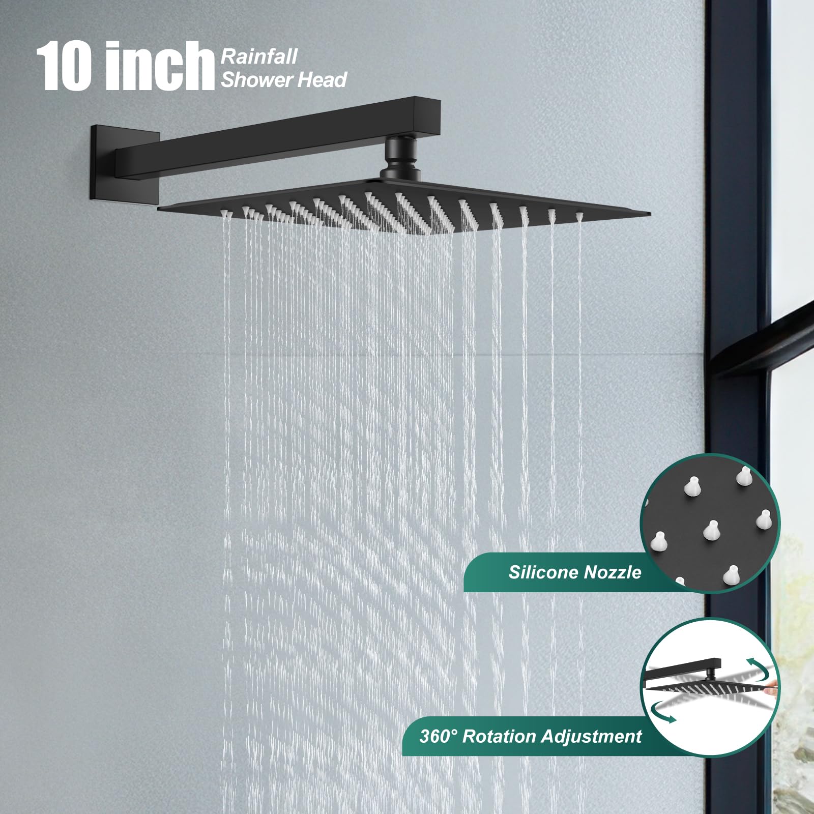 Premium 10 Inch Matte Black Square Rain Shower System - 2-in-1 Wall Mount Rainfall Shower Head with Handheld Sprayer & High Pressure Valve for Luxurious Bathroom Experience (Ideal for Master Bath & Spa Retreats)
