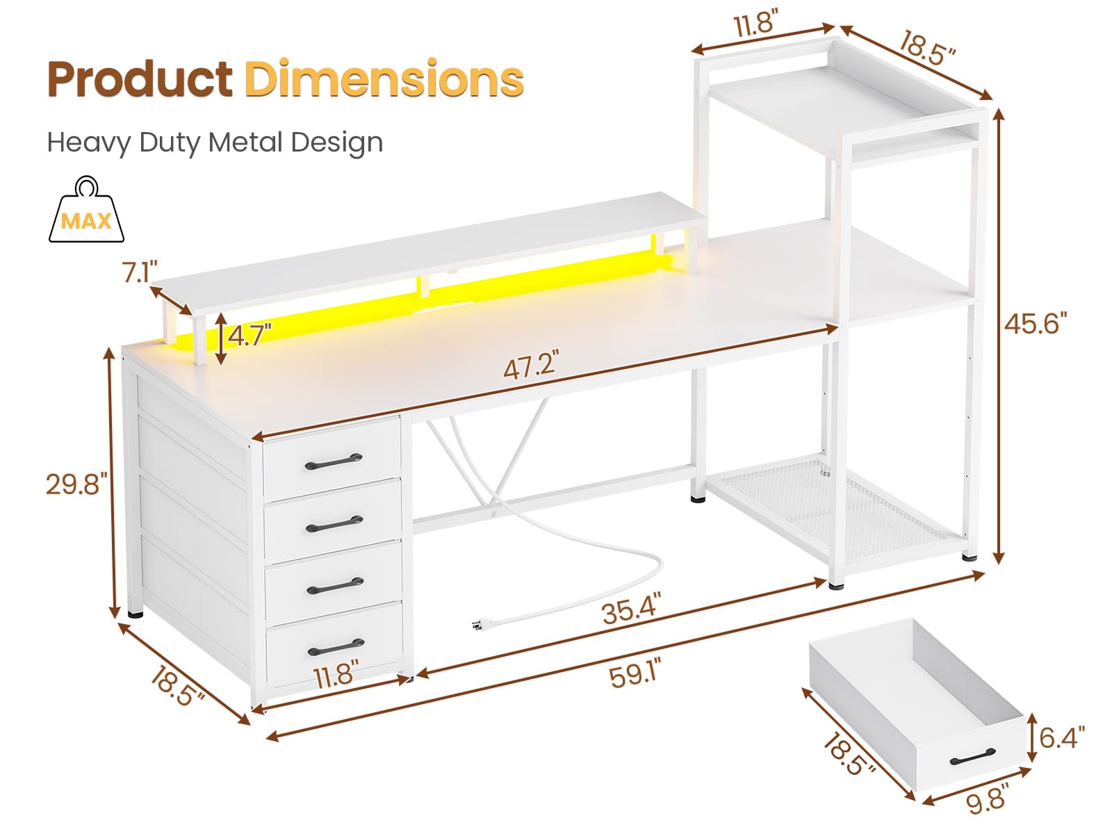 SEDETA 59 Inch LED Gaming Desk with 4 Drawers & Shelves, Home Office Computer Desk with Power Outlets & Large Storage Space, White - Perfect for Work from Home, Online Gaming & Study Setup