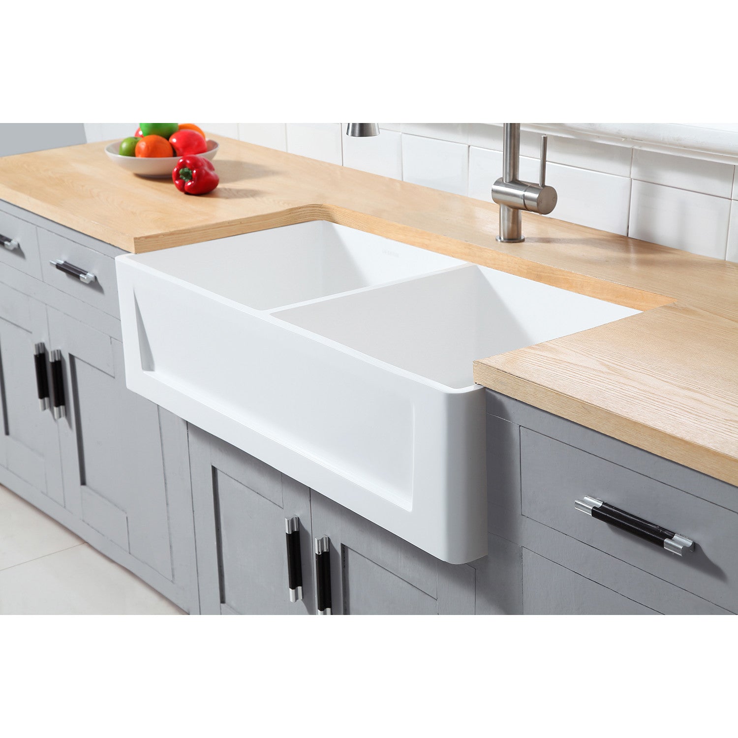 Arcticstone 36 Inch White Farmhouse Kitchen Sink - Double Bowl Apron Front Solid Surface Sink with 2 Strainers, Matte Finish - Perfect for Modern Farmhouse & Rustic Kitchen Designs