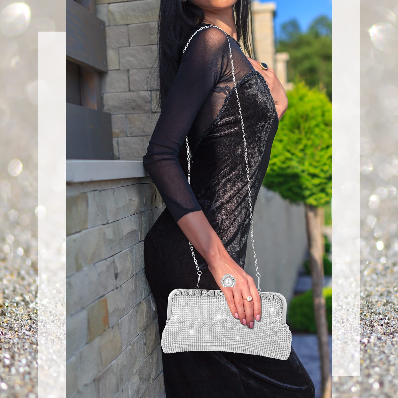 Sparkling Rhinestone Evening Clutch Purse for Women - Double Sided Glitter Handbag with Chain Strap, Crossbody & Shoulder Bag for Wedding, Party, Prom, Date Night & Special Occasions