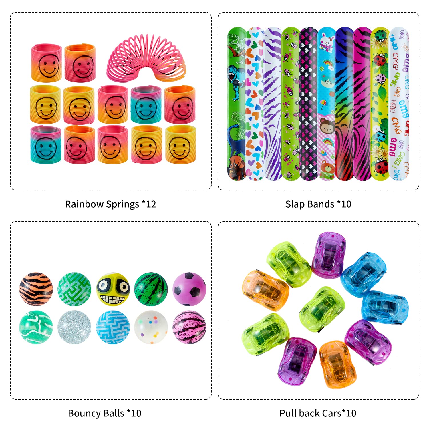 SMOKFON Kids Party Favor Bag Fillers - Assorted Toys Including Rainbow Springs, Slap Bracelets, Bouncy Balls & Temporary Tattoos - Perfect for Birthday Parties, Classroom Rewards, Stocking Stuffers & School Prizes - Fun Gift for Boys & Girls
