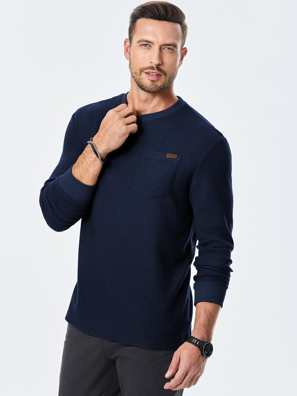 Men's Long Sleeve Casual Crewneck Sweater - Lightweight Honeycomb Waffle Knit Shirt with Pocket | Perfect for Fall Layering & Office Wear