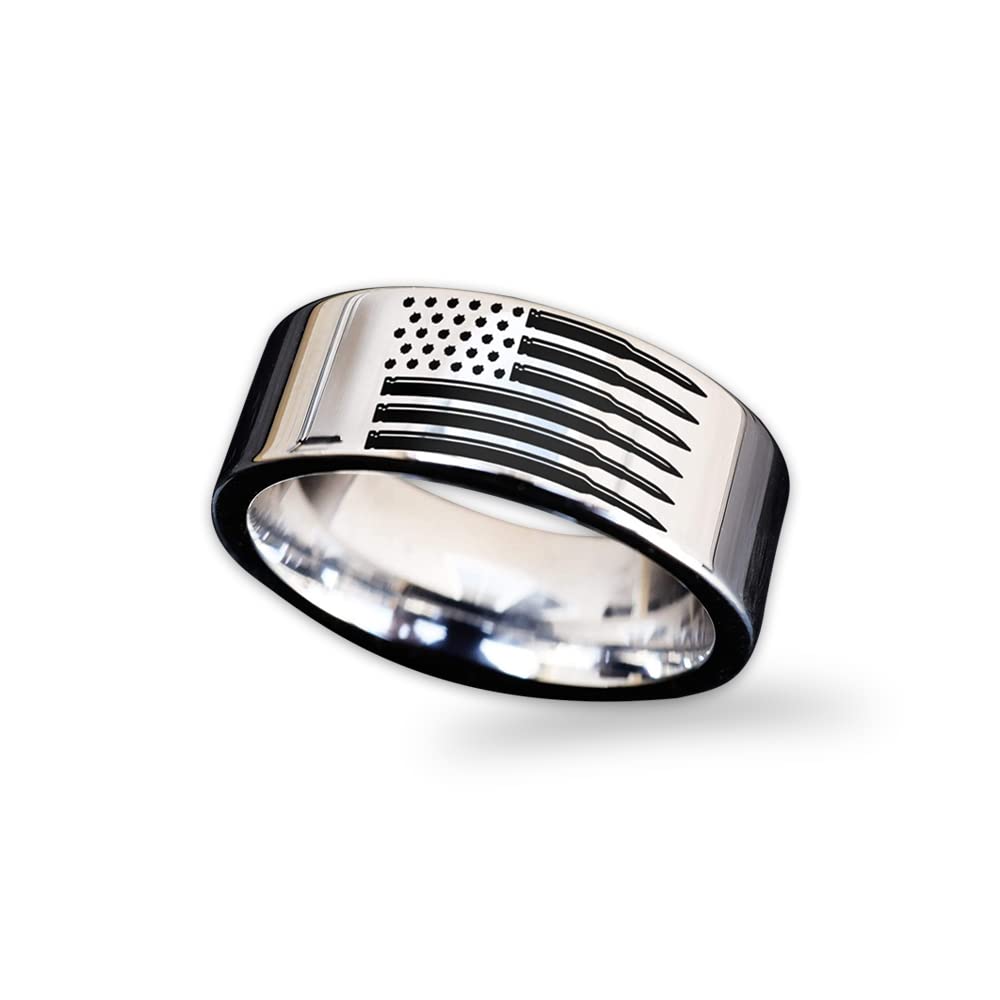 American Gun Flag Wedding Band - USA Patriotic Engagement Ring - Military & Ammo Jewelry for Men & Women - Perfect for Veterans, Soldiers & Patriotic Weddings