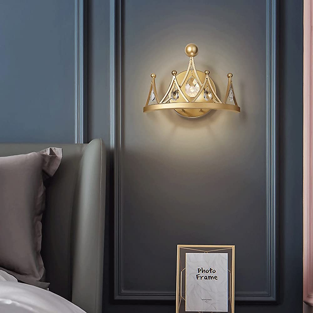 YKLL Modern Golden Crystal Crown Wall Sconce - LED Wall Lamp with Raindrop Pendant Light for Bedroom, Living Room & Vanity Decor | Elegant Rustic Metal Ceiling Fixture & Chandelier Lighting