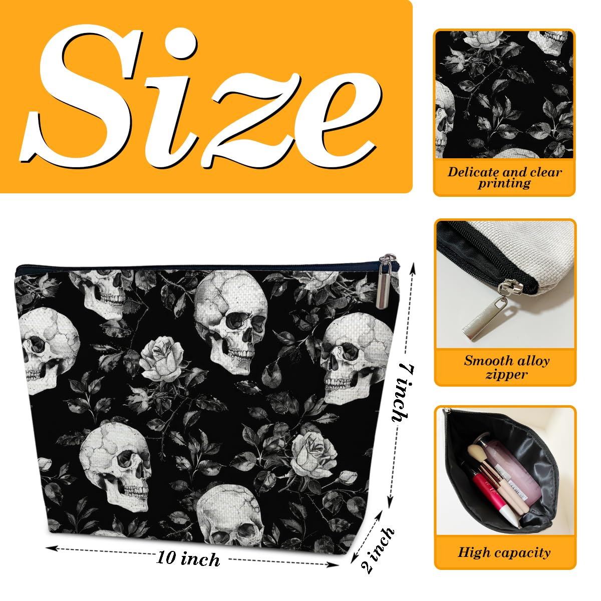 Gothic Skeleton Makeup Bag for Women - Halloween Floral Skull Cosmetic Bag with Rose Design, Spooky Purse Gift for Halloween Party & Cosplay Accessories