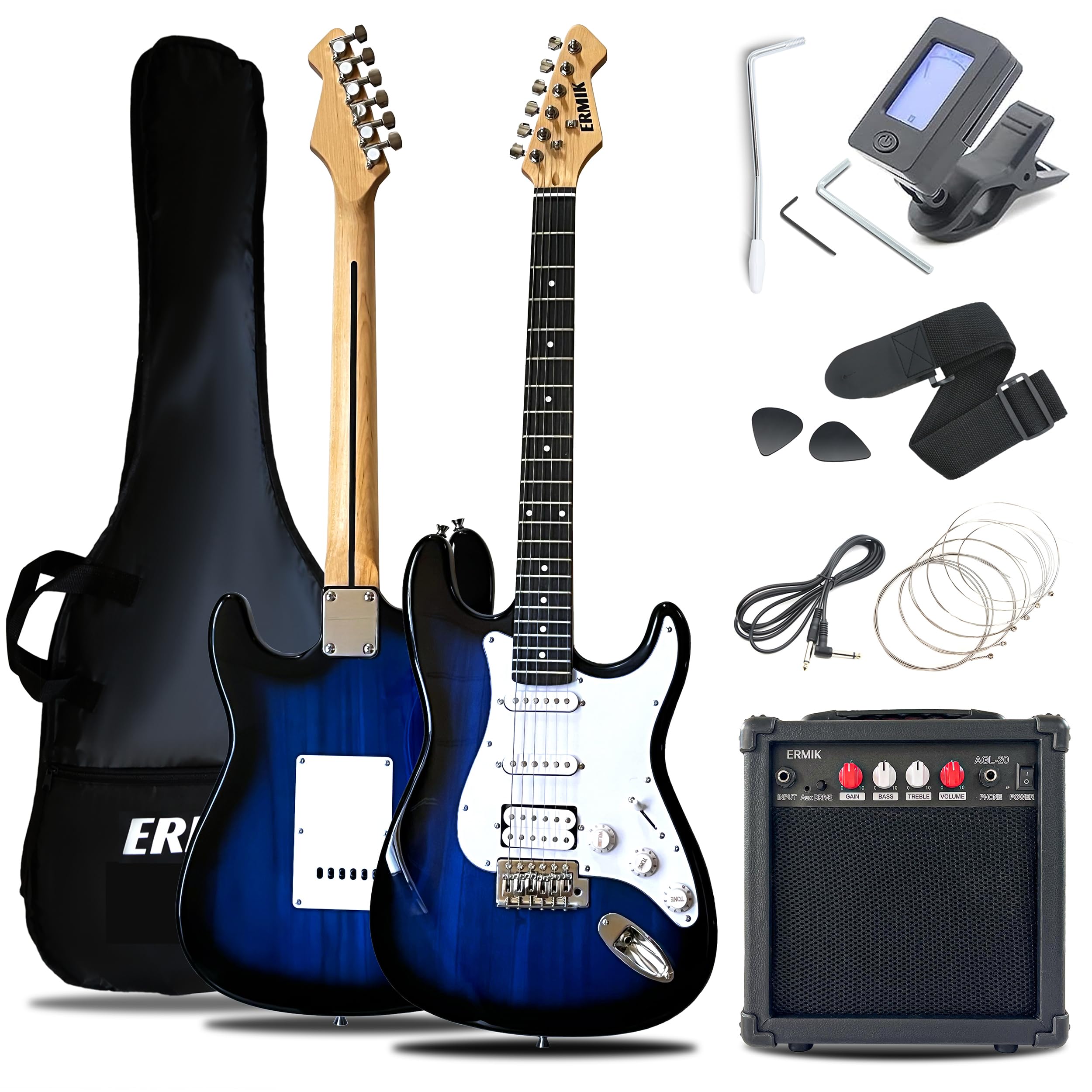 **Ermik Solid Body Electric Guitar Kit with 20W Amp, Strings, Strap, Digital Tuner, Picks, Gig Bag, Cable, Tremolo Bar – 39