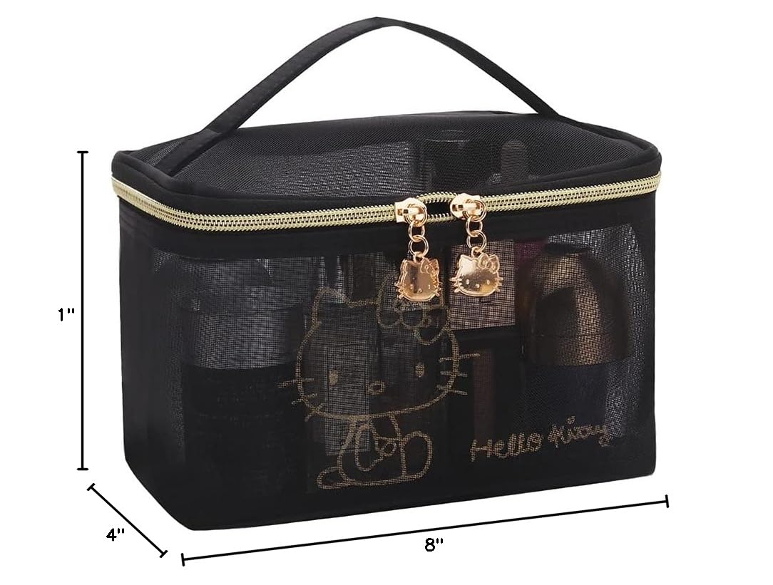AmBealla Large Cosmetic Makeup Bag - Black Nylon Mesh Travel Organizer with Handle for Women | Toiletry & Beauty Storage Case for Skincare Tools, Makeup Brushes | Perfect for Travel, Home Organization & Gift for Girls