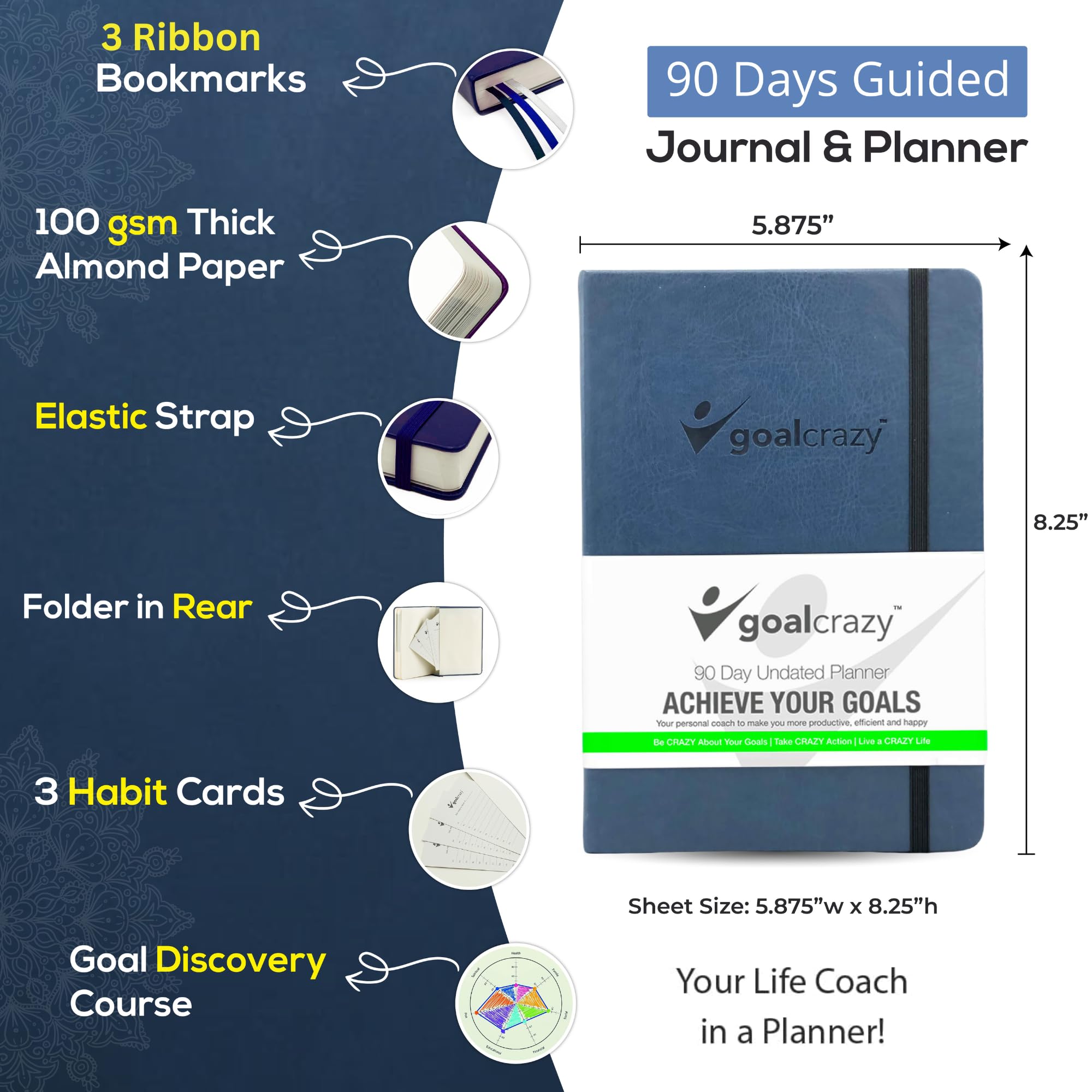 90 Day Undated Planner - Weekly & Monthly Productivity Journal for Goal Setting, Habit Tracking & Organization | Navy Blue Leather Cover with Almond Pages | Perfect for 2025, 2026 Planning, Work & Personal Life Management