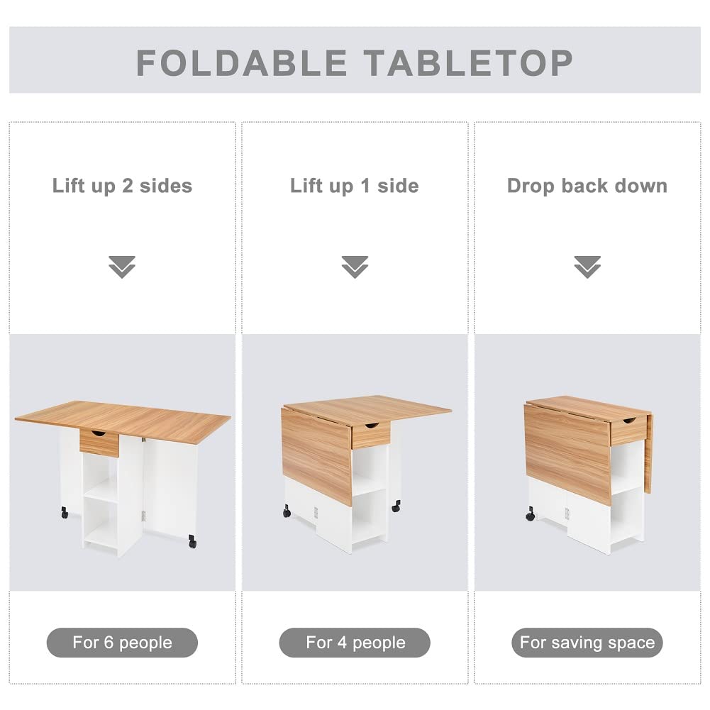 Space-Saving Drop Leaf Folding Dining Table with 1 Drawer & 2 Open Shelves - Modern Kitchen Table for Small Spaces in White & Red Oak - Perfect for Apartments, Breakfast Nooks & Compact Dining Areas