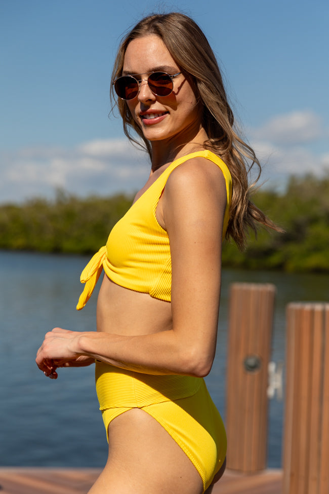 Yellow Front Tie Ribbed Bikini Top for Women - Sexy Swimwear for Beach & Pool - Summer Vacation Essentials