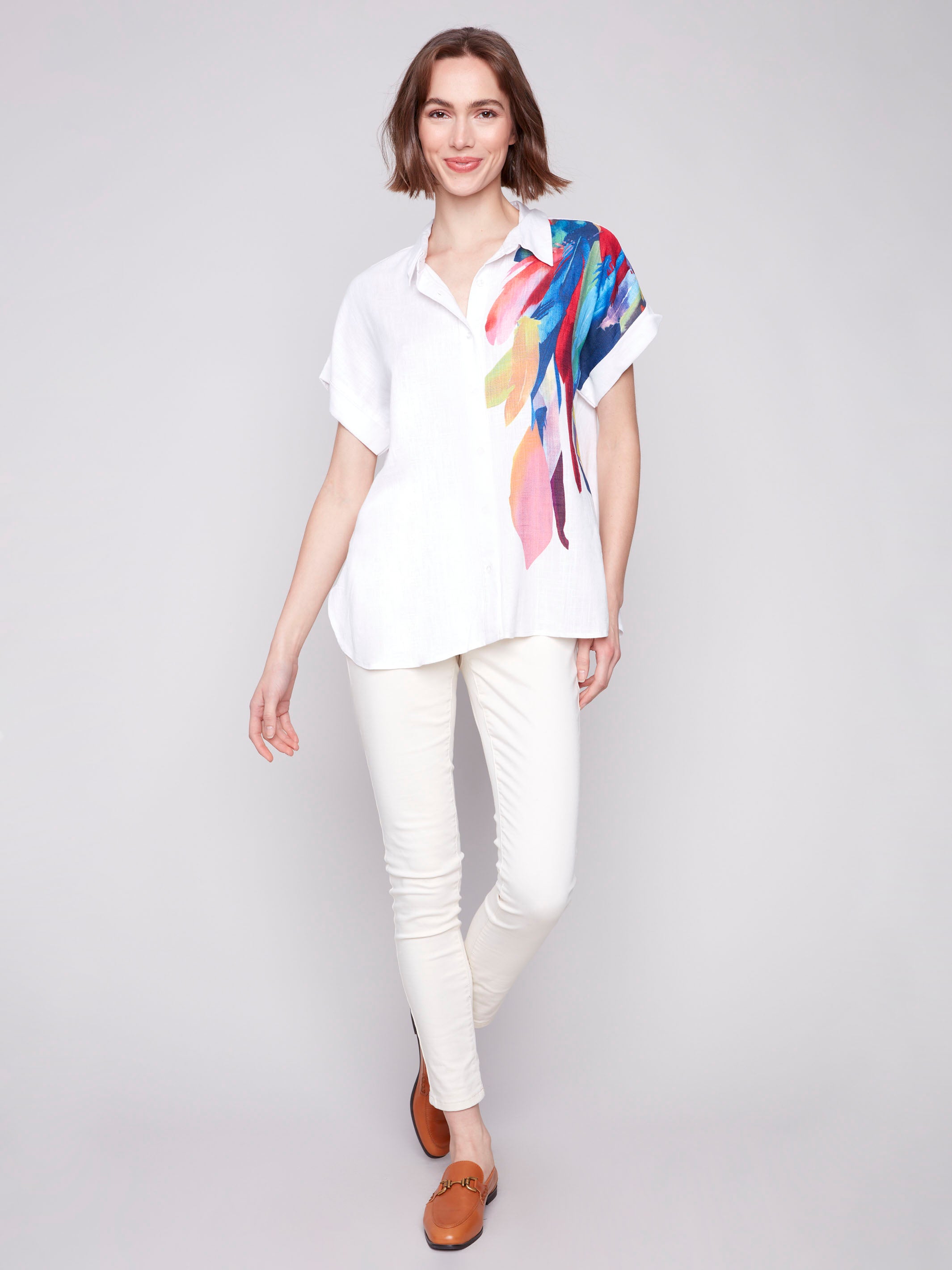 Stylish Placement Print Dolman Short Sleeve Shirt with Feather Design - Perfect for Casual Wear, Summer Outfits & Boho Fashion