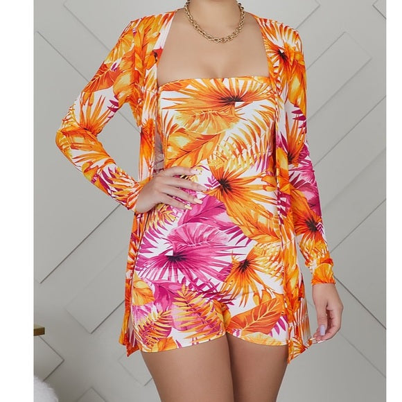 Stylish Tropical Orange & Pink Romper Set for Women - Summer Beach Outfit, Vacation Wear, Casual Party Dress