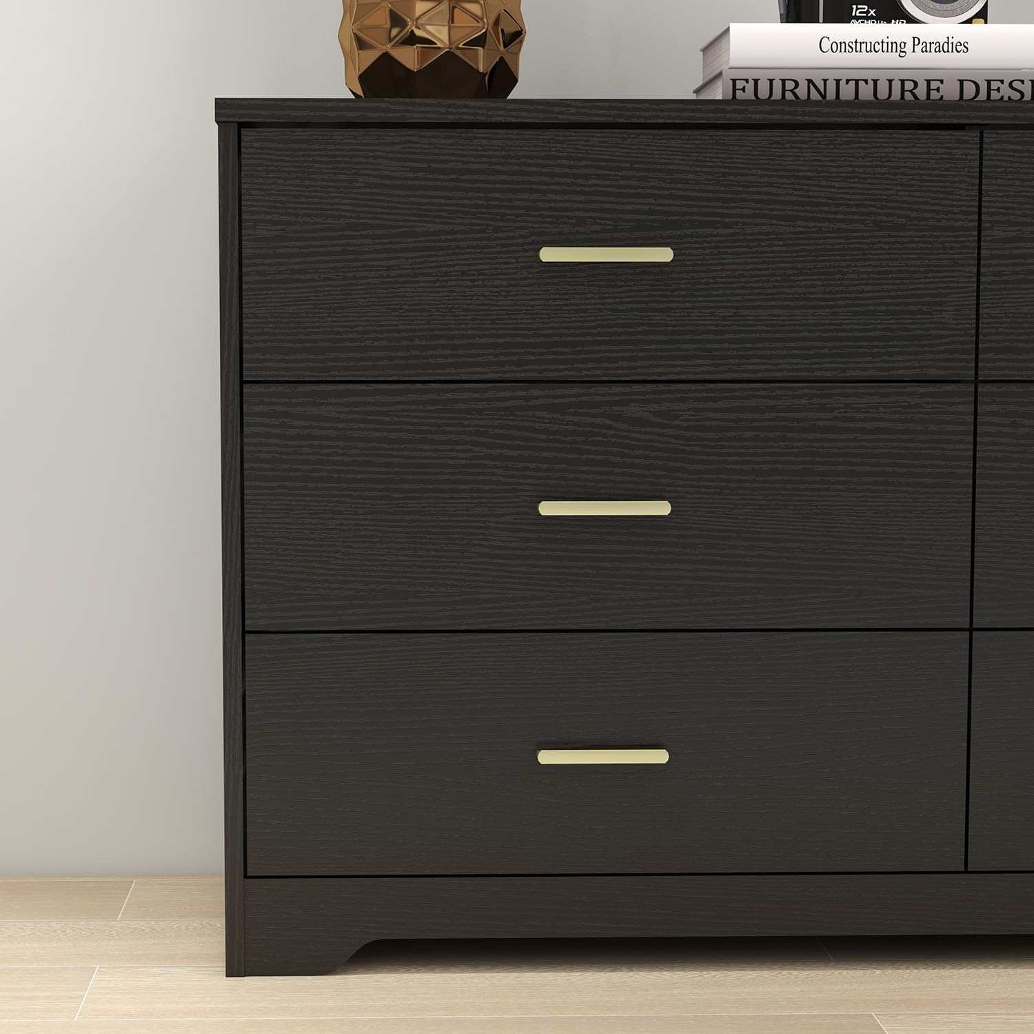 Modern 6-Drawer Wooden Dresser - Solid Wood Lateral Chest of Drawers with Wide Storage Drawers & Gold Metal Handles for Bedroom, Living Room, Hallway | Space-Saving Storage Organizer for Clothes, Linens & Home Essentials