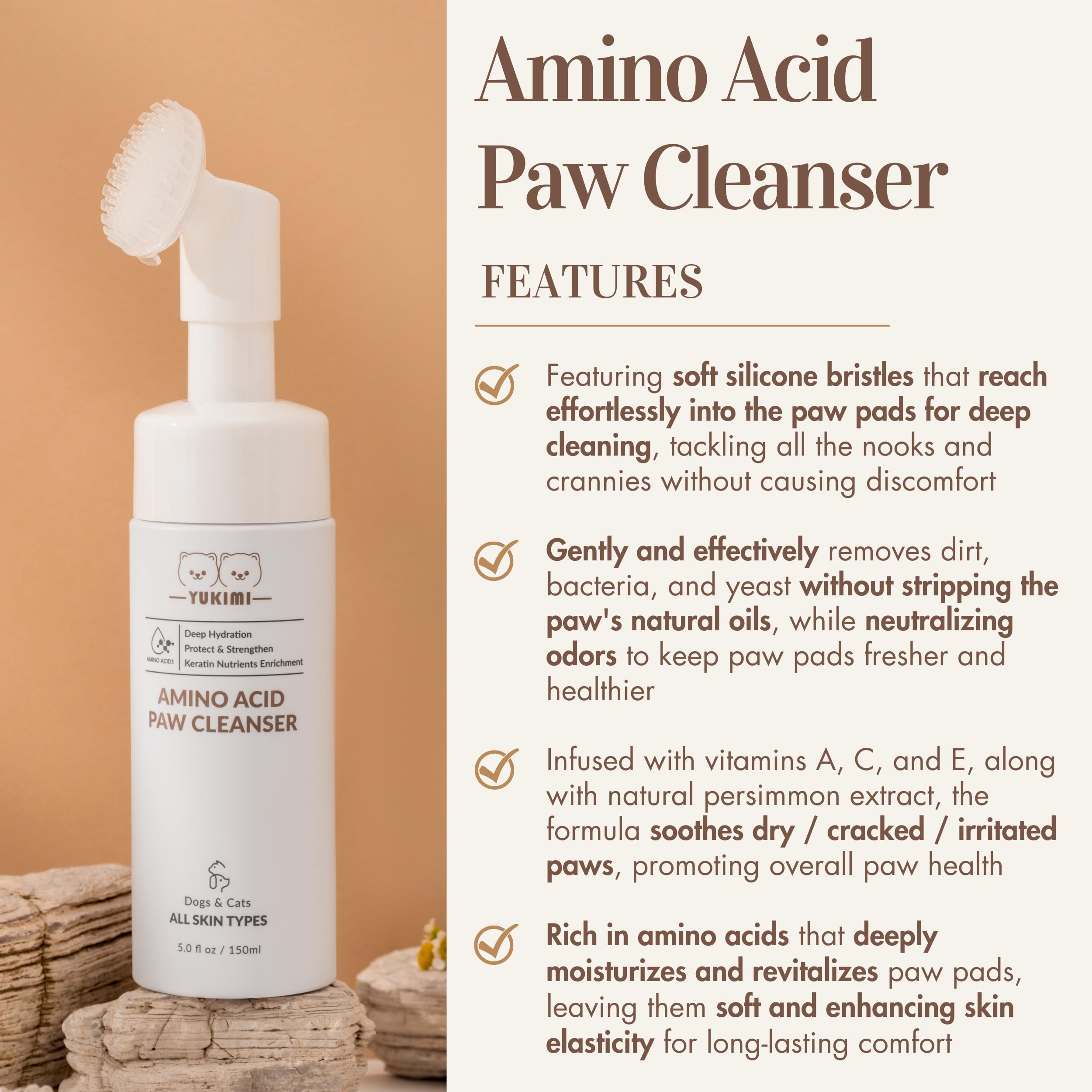 YUKIMI Premium Amino Acid Paw Cleanser with Silicone Bristle Brush for Dogs & Cats | Hypoallergenic Pet Shampoo for Sensitive Skin | Hydrating, Soothing, Deodorizing & Moisturizing Formula | pH Balanced 5.0 Fl Oz | Perfect for Post-Walk Paw Cleaning & Grooming Sessions