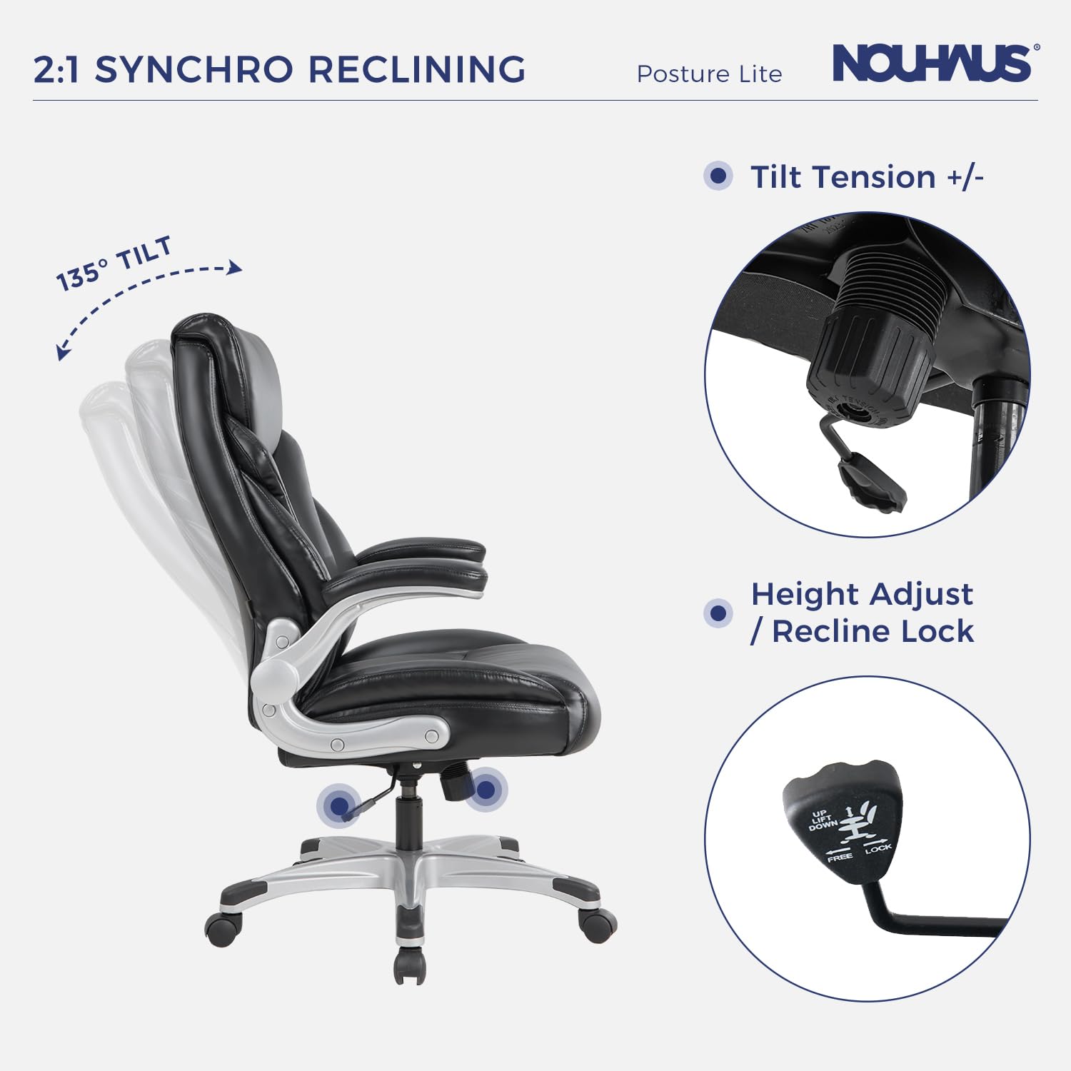 Nouhaus Big and Tall Office Chair with Lumbar Support - High Back Ergonomic Executive Desk Chair, Adjustable Flip-Up Armrests, PU Leather Computer Chair for Home & Office (Posture Lite, Black) - Perfect for Long Work Hours, Gaming, and Professional Workspaces