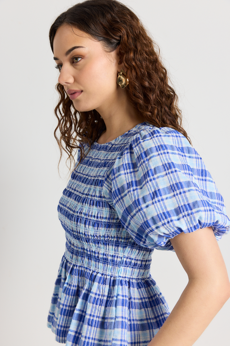 Beholden Blue Check Print Shirred Short Sleeve Blouse - Women's Casual Summer Tops for Beach, Vacation & Everyday Wear