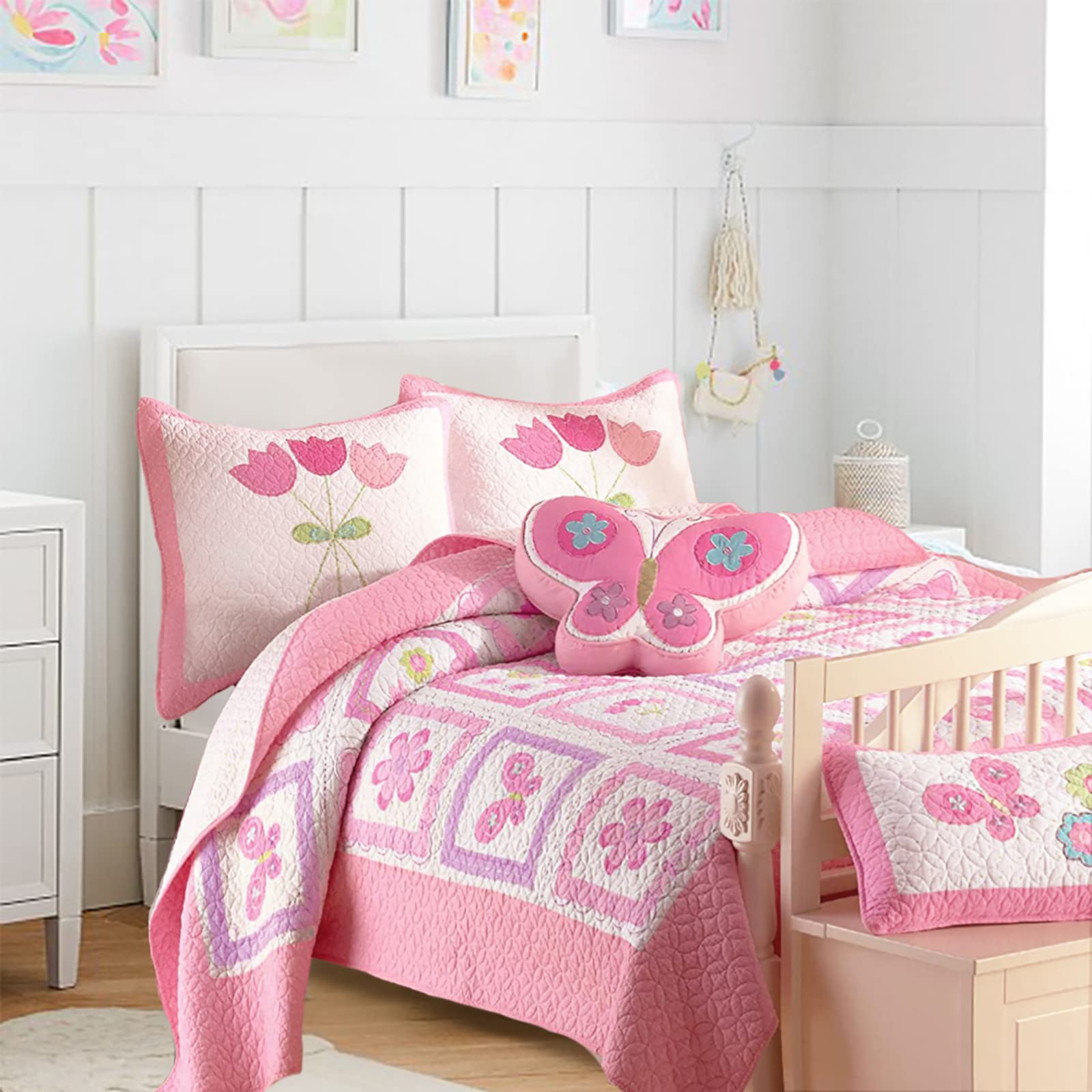 Pink Butterfly Tulip Floral Print 100% Cotton Reversible Quilt Bedding Set - Twin Size 4-Piece (Comforter, Coverlet, Bedspread) for Girls' Room Decor | Perfect for Spring Bedroom Makeover & Cozy Sleep