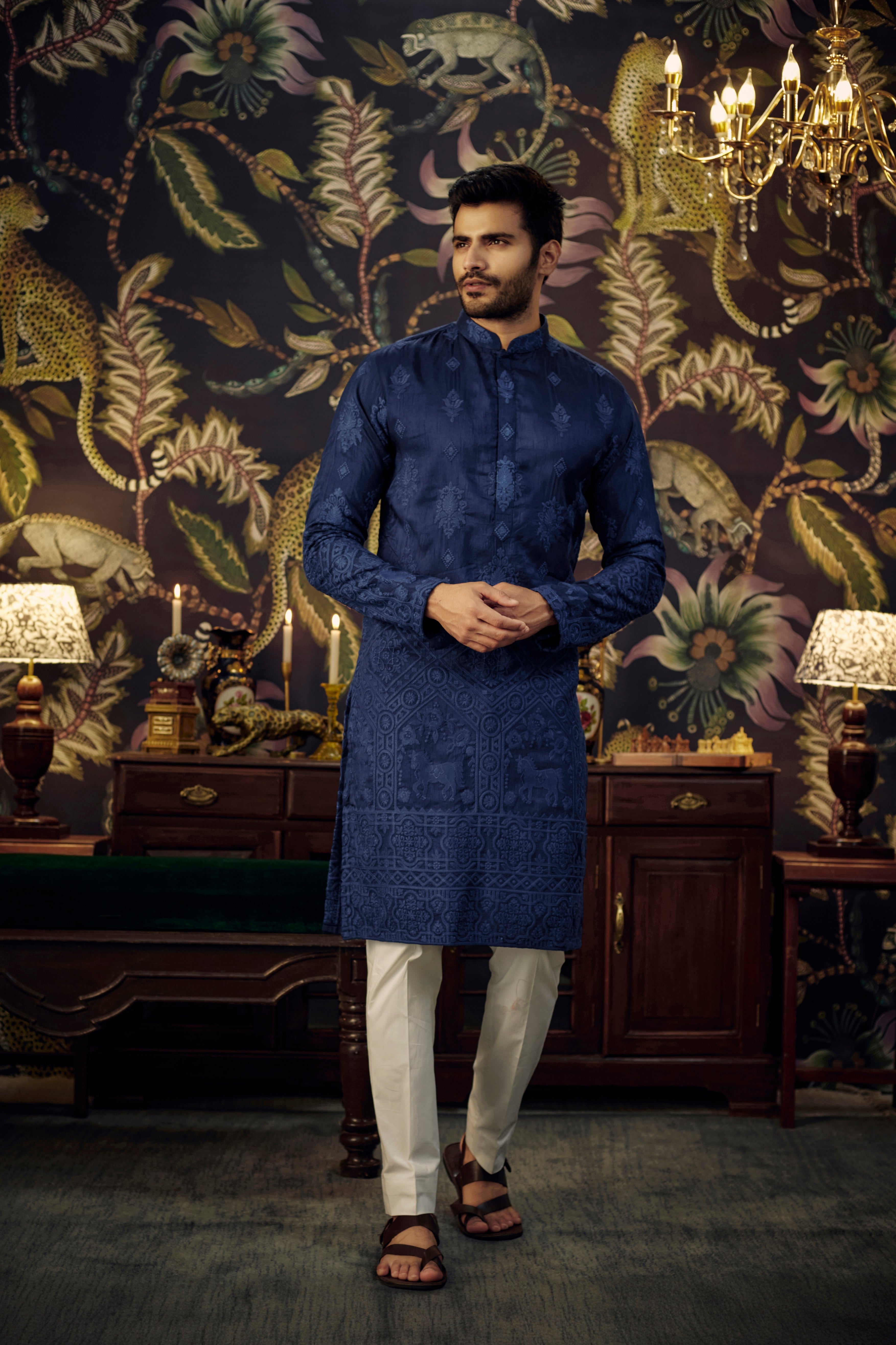 Elegant Navy Blue Embroidered Kurta with Intricate Horse Figures - Perfect for Festivals, Weddings & Ethnic Celebrations