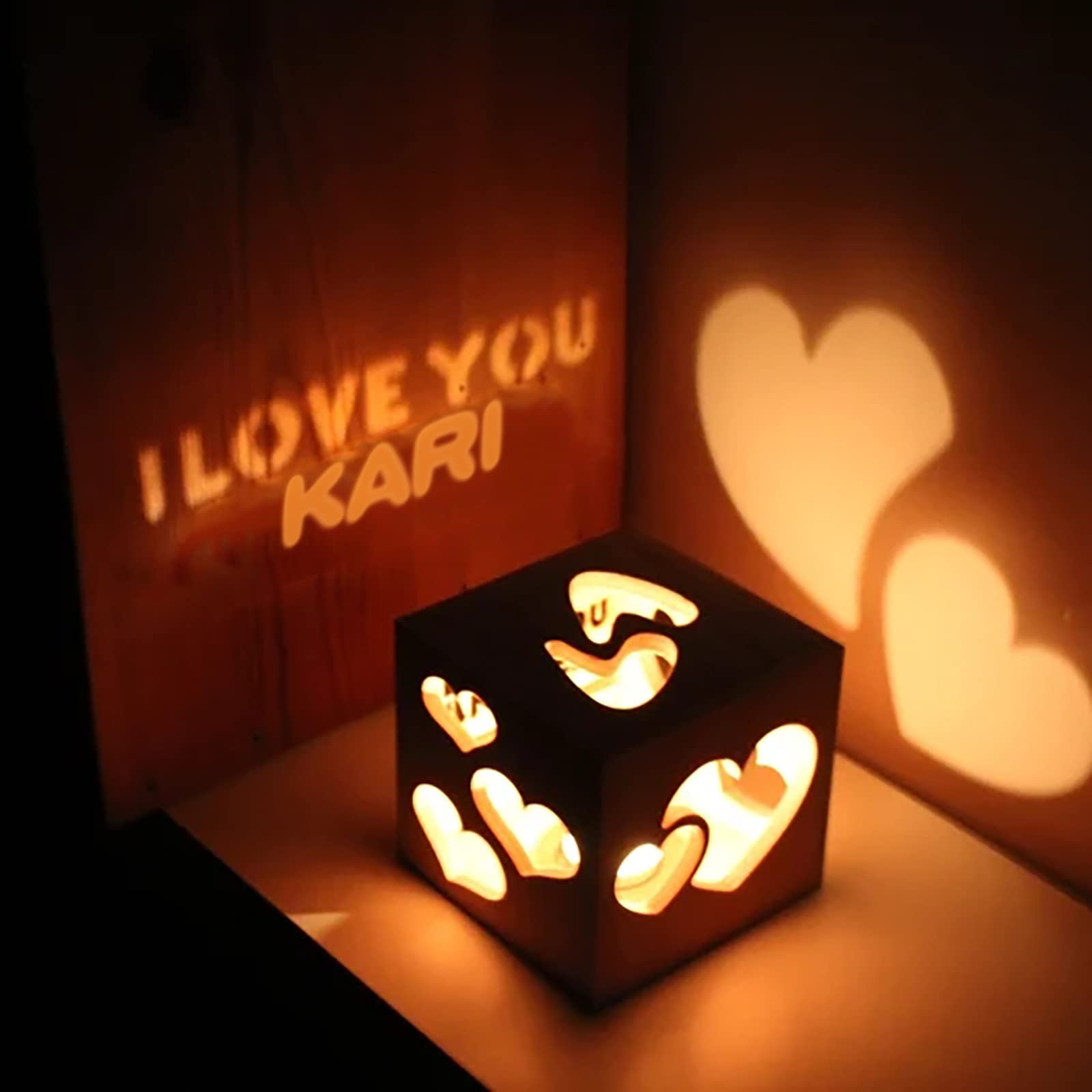 Romantic Valentine's Day Projection Candle Gift Set - Wooden Box Holder with LED Light for Anniversary, Wedding, Birthday & Special Occasions (Yellow, One Size)