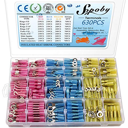 630PCS Heat Shrink Wire Connectors Kit - Waterproof Crimp Terminals for Automotive & Marine Electrical Wiring (Ring, Fork, Hook, Spade, Butt Splices) - Ideal for Car, Boat, RV and DIY Electrical Repairs