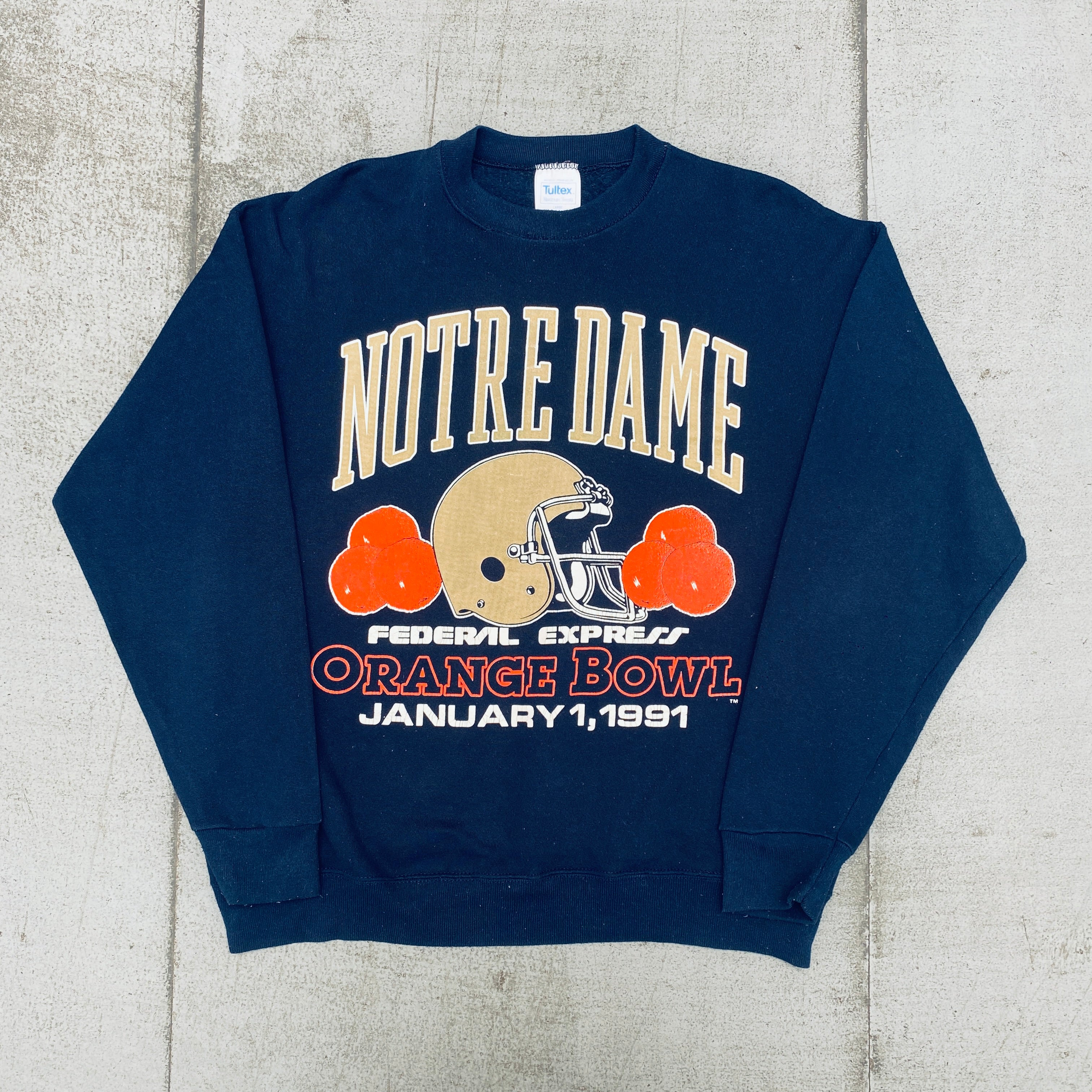 Notre Dame Fighting Irish 1991 Orange Bowl Vintage Graphic Spellout Sweatshirt - Men's Large Size - Perfect for Game Day & College Football Fan Gifts