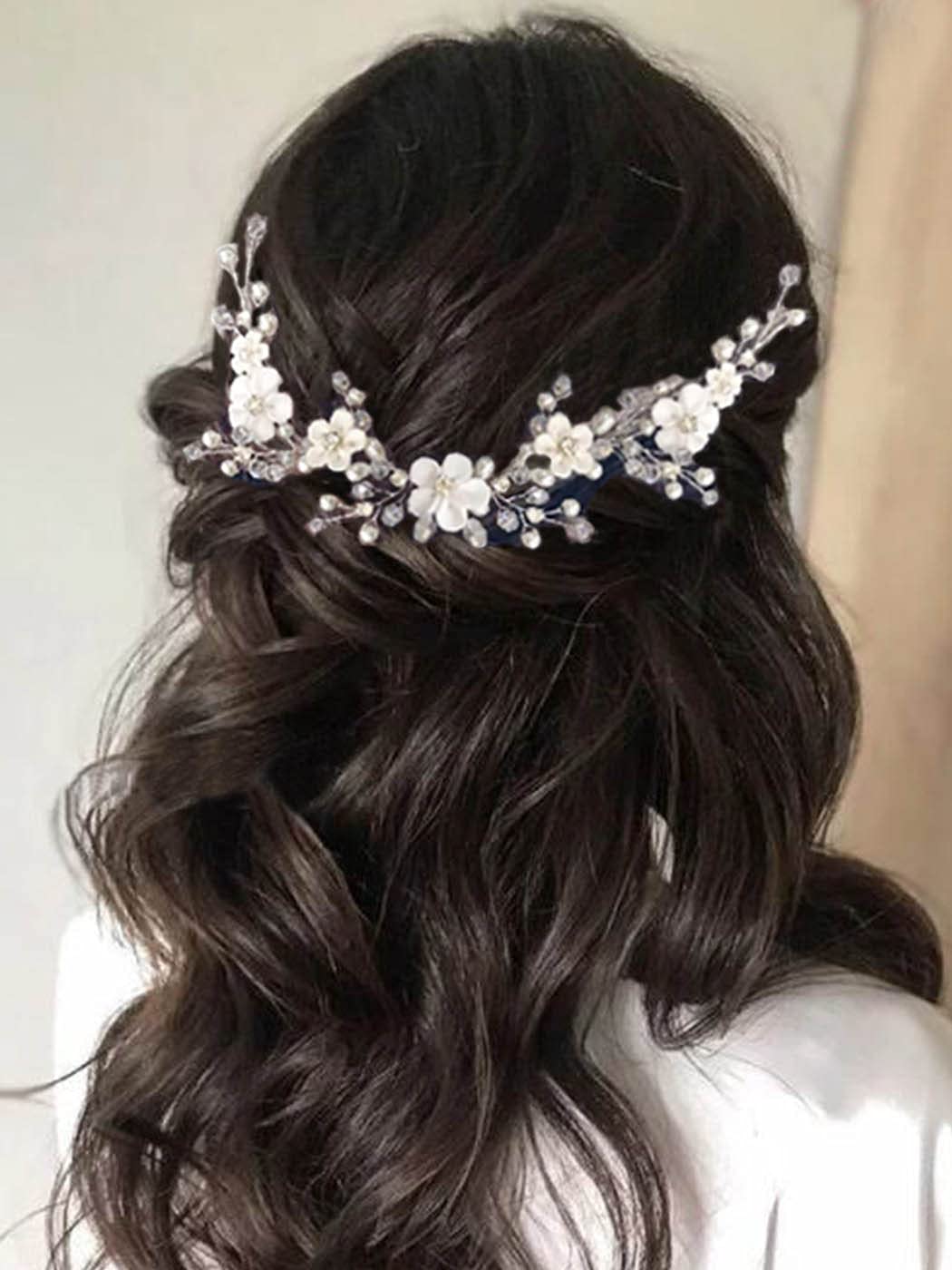 Pearl Bridal Headband with Rhinestones - Silver Wedding Hair Vine for Women & Girls - Elegant Flower Bride Hair Accessories for Weddings, Prom, Parties & Special Occasions